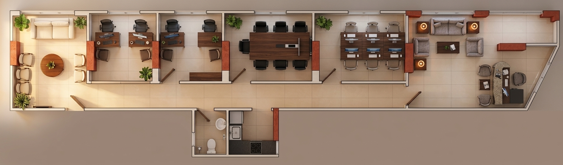 An incredibly lifelike, richly detailed, photorealistic top-down architectural floor plan photograph of a modern fusion administrative office suite layout set in a spacious corporate home office environment. The scene is illuminated by the soft, warm golden light of a winter sunrise streaming through expansive exterior windows, creating a serene, highly professional, and inviting atmosphere. Captured with a high-resolution camera and wide-angle tilt-shift lens mounted overhead, emphasizing the glossy sheen of polished light beige ceramic floor tiles, rich dark-wood desk surfaces, plush upholstered seating, and bold terracotta-red accent pillars. 

The comprehensive floor plan reveals a thoughtfully organized sequence of spaces connected by a long, pristine corridor. On the far left, a cozy waiting lounge features soft cream sofas, contemporary armchairs surrounding a low round coffee table, and lush potted greenery catching the early morning light. Adjacent are two quiet private offices, each neatly arranged with dual work desks, monitors, task chairs, and client seating. At the heart of the suite lies a formal conference room with an elongated modern table and six sleek chairs, flanked by an open team workspace housing six streamlined computer stations. To the far right, an executive reception area and expansive secondary lounge feature plush couches, side tables with warm lamps, and a curved desk angled against panoramic glass walls. Along the bottom wing, a fully equipped kitchenette with stainless steel fixtures and a modern private restroom complete this sophisticated, highly functional workspace.