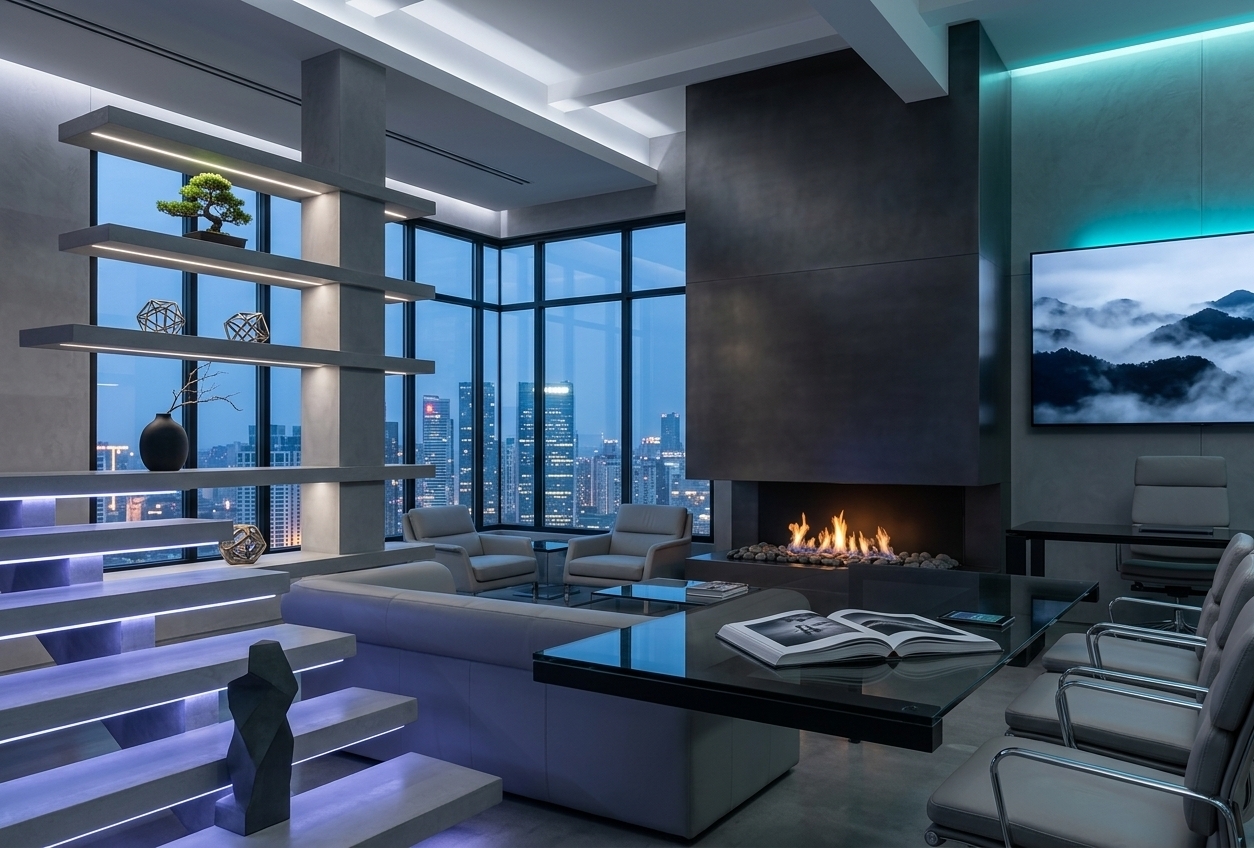 An incredibly lifelike, richly detailed, photorealistic wide-angle interior perspective shot of a high-tech Digital Zen executive meeting room set in an ultra-modern luxury skyscraper penthouse. The scene is illuminated by dimmable cool white cove lighting, subtle cyan neon accents, and the gentle ambient glow of a sleek embedded fireplace paired with soft blue-hour twilight pouring through expansive grid windows, creating a tranquil, focused, and forward-thinking atmosphere. Captured with a 24mm tilt-shift architectural lens, emphasizing smooth frosted glass, polished metallic surfaces, tactile slate textures, and serene digital artwork.

This reimagined space seamlessly fuses futuristic cyberpunk aesthetics with the calm, meditative principles of traditional Zen design. The rough industrial brick walls have been replaced with smooth, acoustic micro-cement panels finished in deep slate grays and muted whites. Where the heavy concrete chimney once stood, a streamlined, flush-mounted dark titanium feature wall now houses a smart, ventless ethanol fireplace that flickers gently above a neat alcove of river stones.

At the center of the room sits an impressive, cantilevered meeting table constructed from smoked tempered glass and a sleek matte-black aluminum frame. Surrounding the table are low-profile, ergonomic executive chairs upholstered in light gray leather with polished chrome accents. The surface of the table is entirely clutter-free, save for a large, open luxury photography book featuring black-and-white architectural landscapes, sitting beside an ultra-thin, flush-mounted touch control interface. 

To the right, a massive, frameless digital landscape wall art display showcases a high-resolution, slowly moving video artwork of mist rising over dark mountain peaks, casting a soft, meditative light across the polished concrete floor. Floating architectural stairs on the left are fitted with concealed, ultra-fine neon strip lighting underneath each step, projecting a faint violet-blue glow that grounds the futuristic atmosphere. On the floating shelves, minimal Zen-inspired decor is displayed: a singular matte-black ceramic vase holding a sculptural dried branch, geometric metallic sculptures, and an illuminated Japanese Bonsai tree in a minimalist concrete planter.

Large floor-to-ceiling windows offer an inspiring, unobstructed view of a glowing modern cityscape at dusk, connecting the tranquil indoor environment with the dynamic urban world outside. The composition balances crisp horizontal lines with organic shapes, creating a perfectly balanced, clutter-free space that inspires clarity, innovation, and serene productivity.