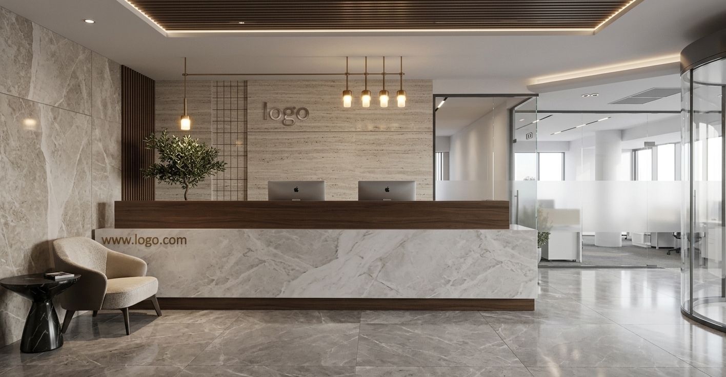 An incredibly lifelike, richly detailed, photorealistic wide-angle interior photo of a sophisticated corporate reception foyer set in a luxury contemporary office building. The scene is illuminated by subtle recessed LED ceiling coves and warm downward-focused glows from sculptural brass pendants, creating a refined, light-filled, and serene atmosphere. Captured with a 35mm architectural lens, emphasizing the tactile textures of polished stone surfaces, rich dark wood grains, and brushed brass accents. 

At the center, a clean-lined reception desk clad in pearl and soft gray marble with a rich dark walnut ledge commands the space, anchored by a horizontally striated stone feature wall displaying a understated metallic logo. Above, slim brass pendant lights with frosted glass shades cast delicate reflections across the honed stone backdrop and polished gray marble floor. To the left, a tailored upholstered lounge chair in champagne and soft gray tones sits beside a sculptural black marble side table adorned with a sleek photography book and curated decor. To the right, seamless floor-to-ceiling glass partitions featuring frosted bands reveal airy, light-drenched adjacent spaces, balancing modern functionality with timeless, elegant sophistication.