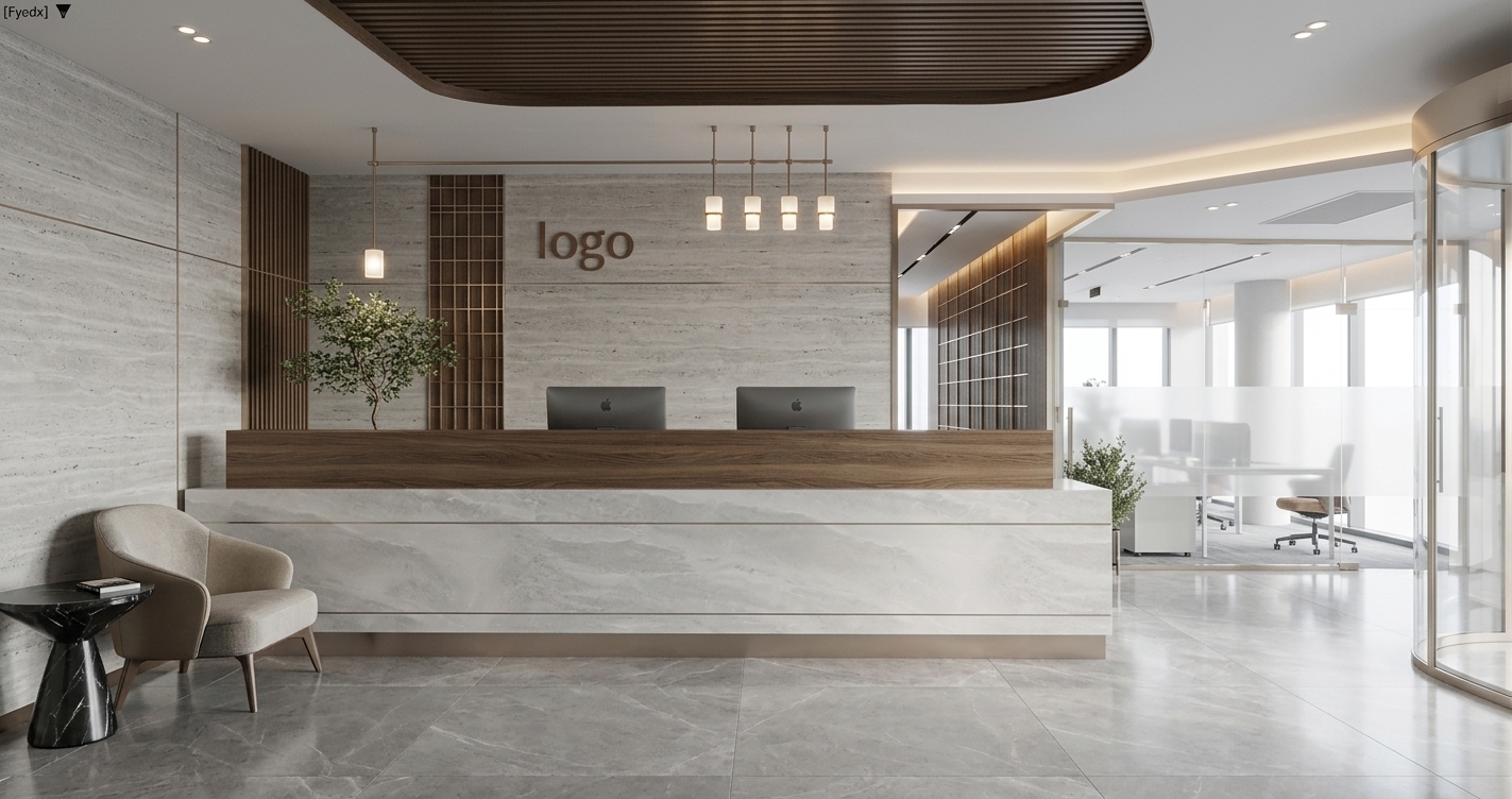 An incredibly lifelike, richly detailed, photorealistic eye-level interior photo of a grand executive reception lounge set in a high-end contemporary office suite. The scene is illuminated by soft, diffused daylight layered with warm recessed cove lighting and targeted spotlights, creating an airy, refined, and sophisticated atmosphere. Captured with a professional 35mm architectural lens, emphasizing the tactile interplay of polished light gray travertine stone, rich dark wood veneers, and brushed champagne metal accents. At the center, a long, clean-lined reception counter clad in pearl and soft gray polished stone features a dark timber top ledge and dual slim computer displays. Behind the desk, grain-matched horizontal stone panels are complemented by slim metal accents and a subtle bronze logo. To the left, a tailored upholstered armchair in champagne and gray tones sits beside a sculptural black marble side table adorned with a curated photography book, while a delicate potted tree brings organic life to the space. Overhead, a floating dark wood ceiling panel anchors the sculptural brass pendant lighting with frosted glass diffusers. To the right, seamless glass partitions and a sleek revolving entrance reveal a light-filled, balanced background, all grounded by expansive, low-sheen polished gray marble floor tiles.