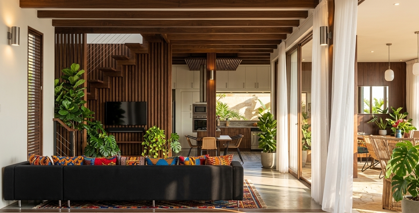 An incredibly lifelike, richly detailed, photorealistic wide-angle interior shot of a modern living room set in a sun-drenched tropical villa. The scene is illuminated by bright, golden midday summer sunlight streaming through floor-to-ceiling glass doors, creating a vibrant, airy, bohemian oasis atmosphere. Captured with a 35mm architectural lens, emphasizing the rich dark walnut slat walls, tactile African wax print textiles, and glossy foliage. Soft, sheer white curtains float gently beside the tall glass sliders, framing views of the adjacent terrace. The sleek, dark sectional sofa is dressed with an array of colorful African wax loincloth pillows boasting energetic geometric patterns, while a matching patterned area rug brings warmth to the polished floor. Lush indoor rainforest plants—including towering fiddle-leaf figs, broad monstera leaves, and cascading pothos—fill every corner with vibrant natural energy, seamlessly blending organic warmth with the striking modern lines of the central floating staircase and timber ceiling.