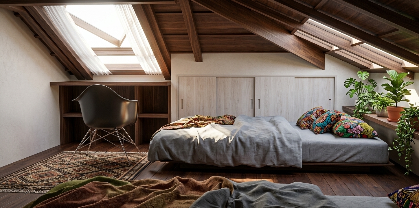 An incredibly lifelike, richly detailed, photorealistic interior photo of a cozy attic bedroom transformed into a bohemian oasis set in a serene home retreat. The scene is illuminated by bright, direct midday summer daylight pouring through an angled skylight, creating a sun-drenched and invigorating atmosphere. Captured with a professional 24mm wide-angle prime lens, emphasizing the lush organic textures and vibrant artisanal textiles. Deep walnut exposed ceiling beams slope gracefully over a low-profile bed adorned with crisp grey linens and an array of colorful African wax longcloth pillows bursting with dynamic patterns. Airy, sheer white curtains drape softly around the skylight nook, diffusing the high-noon sun, while a dense collection of tropical rainforest indoor plants—including leafy monsteras, fiddle-leaf figs, and cascading vines—fills the room with vibrant natural life. Beside the iconic dark shell desk chair, rich dark hardwood floors are grounded by a bold, patterned African-inspired carpet, effortlessly fusing rustic architecture with spirited bohemian warmth.