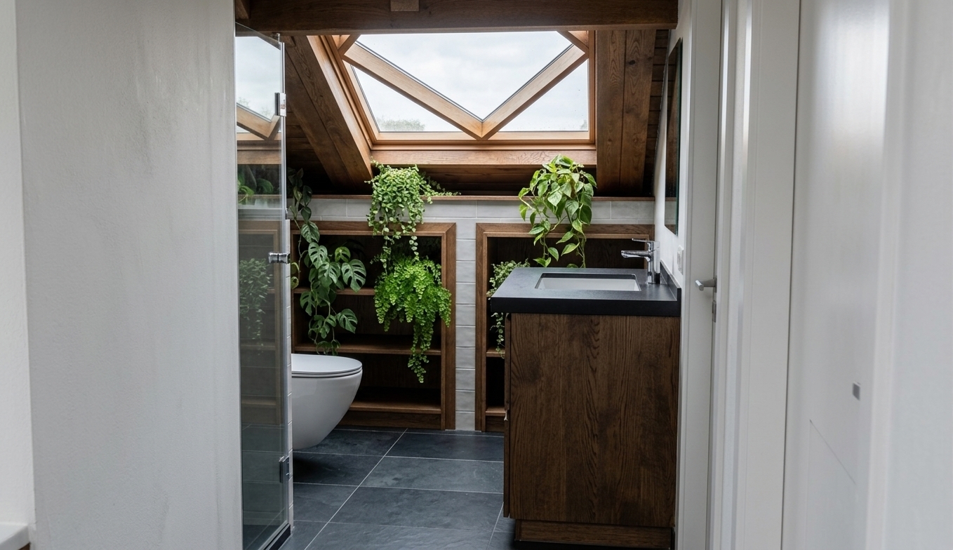 An incredibly lifelike, richly detailed, photorealistic eye-level interior photo of a compact attic bathroom set in a modern bohemian home. The scene is illuminated by soft, natural daylight pouring through an angled roof skylight, creating a serene, sanctuary-like atmosphere. Captured with a 35mm lens at f/2.8, emphasizing the tactile wood grain of the dark oak cabinetry, polished dark slate floor tiles, and vibrant, dew-kissed tropical foliage. Abundant rainforest indoor plants—including trailing monstera, lush maidenhair ferns, and hanging pothos—drape gracefully from the exposed dark timber ceiling beams and overflow from the built-in wooden shelving units behind the sleek, wall-hung toilet. In the foreground, a modern dark wood vanity with a matte black countertop and clean chrome fixture anchors the space, while a minimalist glass shower partition seamlessly frames the view, blending rich organic textures with an inviting, jungle-inspired oasis.
