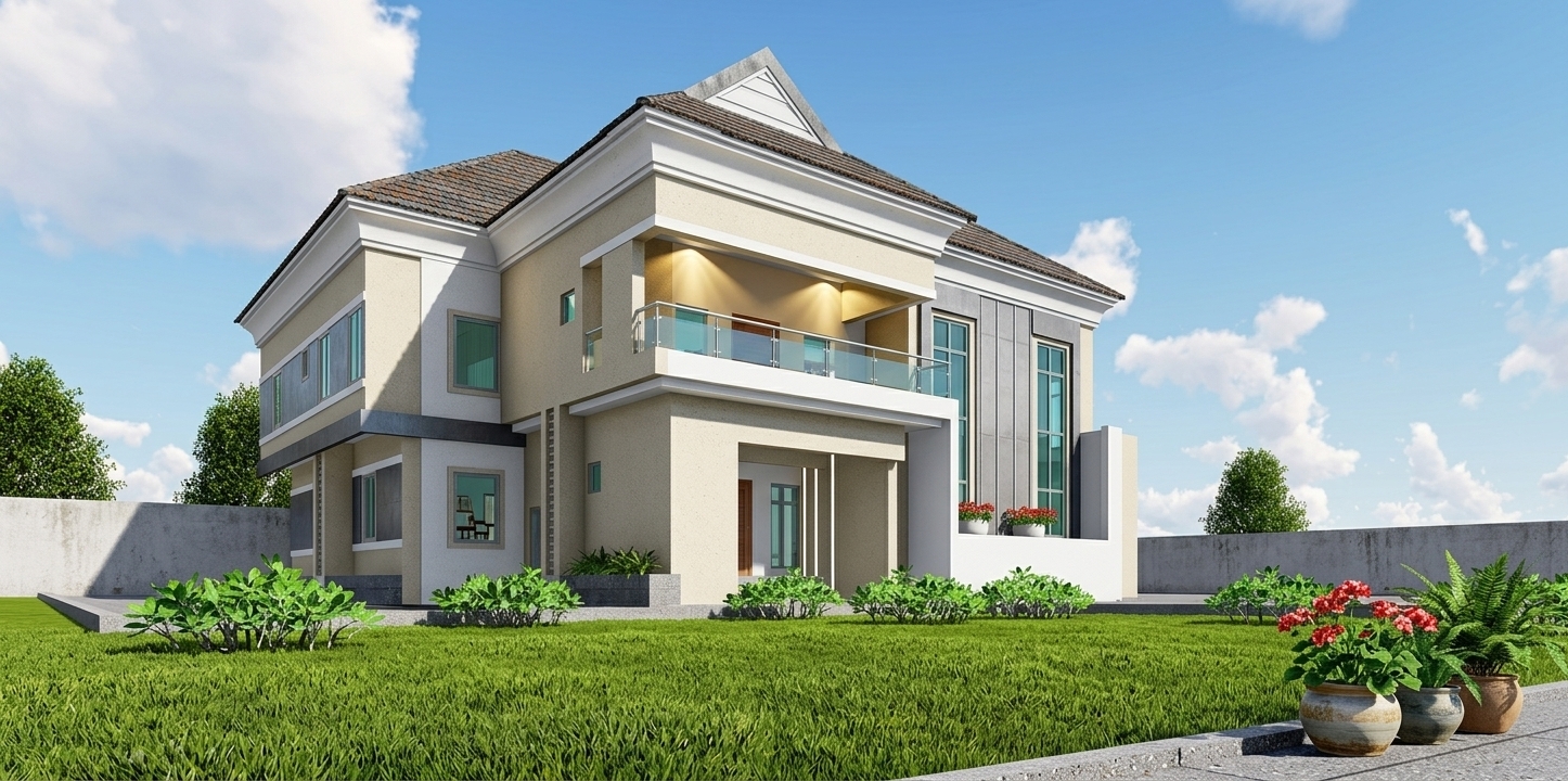 A professional architectural photograph of the modern villa captured from the precise ground-level perspective and camera angle of the original image, shot with a wide-angle tilt-shift DSLR lens. The exterior walls display authentic bright beige textured stucco with crisp white trim details and dark grey concrete accents along the lower perimeter, bathed in warm afternoon sunlight that casts realistic, soft-edged directional shadows. Warm artificial spotlighting glows softly from the soffit recesses above the main entryway and balcony recess. The double-pane insulated glass windows features realistic subtle reflections of the cloud-dappled blue sky and faint silhouettes of interior sheer curtains. The dark brown roof tiles demonstrate subtle surface wear and authentic texture, while the foreground lawn consists of realistic individual blades of grass, gentle natural color variation, and mown lawn textures. The leafy green shrubs around the foundation have detailed foliage with natural subsurface scattering. The final photograph includes subtle physical imperfections such as minor surface micro-textures, faint atmospheric haze, gentle vignetting at the corners, and subtle chromatic aberration, delivering a high-end editorial architectural magazine look.