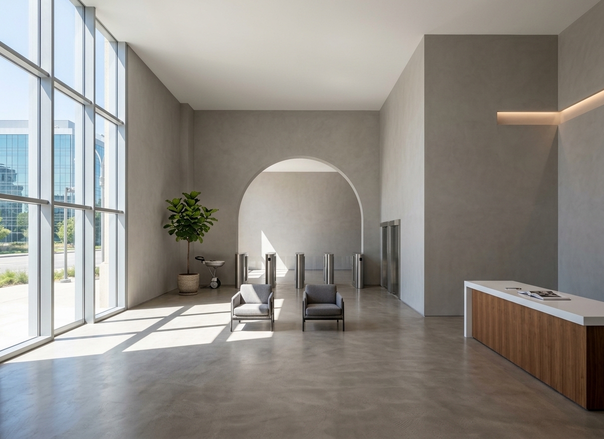 An incredibly lifelike, richly detailed, photorealistic wide-angle interior photo of a modern minimalist lobby set in a serene contemporary building. The scene is illuminated by bright midday natural sunlight pouring through expansive floor-to-ceiling windows, creating a tranquil and uncluttered atmosphere. Captured with a 24mm architectural tilt-shift lens, emphasizing smooth monochromatic plaster walls, polished micro-cement floors, rich wooden finishes, and subtle pastel tones. To the right, a streamlined reception desk crafted from warm horizontal wood grain and topped with a pristine white countertop holds a single photography book on its clutter-free surface. In the foreground, two sleek lounge chairs with matte metal frames and soft gray upholstery offer a Zen-inspired seating arrangement. Ahead, a striking grand arched entryway frames a row of streamlined metal security turnstiles, while a leafy indoor plant stands gracefully in the corner, complementing the clean lines, subtle abstract wall art accents, and elegant, functional spatial design.