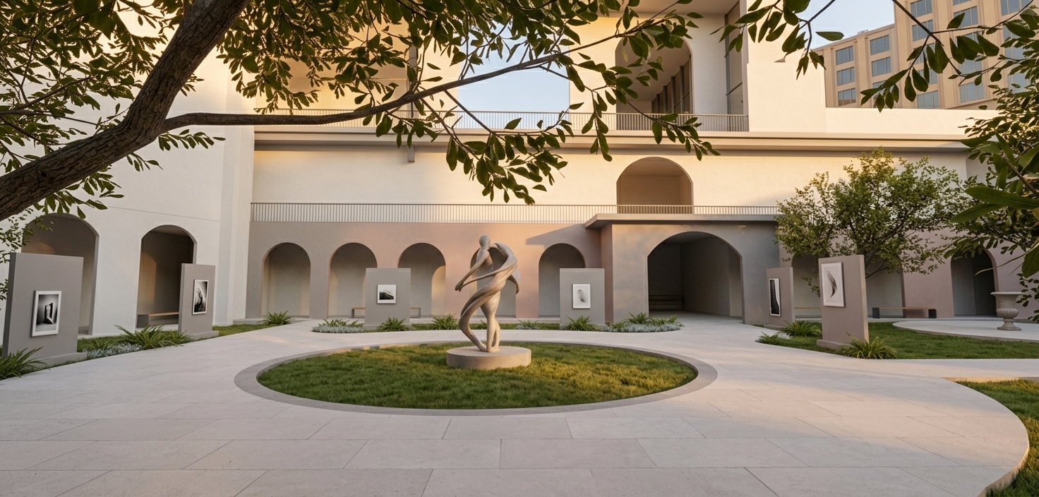 An incredibly lifelike, richly detailed, photorealistic wide-angle architectural photo of an open-air sculpture courtyard and exhibition space set in a serene, minimalist architectural haven. The scene is illuminated by the soft, warm golden glow of a low sunset casting long, gentle shadows, creating a tranquil and Zen-inspired atmosphere. Captured with a 24mm architectural lens, emphasizing smooth white plaster walls, crisp stone paving, soft grass textures, and dappled foliage overhead, the composition centers on an elegant, swirling abstract sculpture situated within a perfectly circular lawn. Surrounding the plaza are streamlined, monochromatic display steles showcasing curated photography books and abstract wall art, framed by rhythmic arched arcades in understated shades of white, warm gray, and subtle pastels. The clutter-free surfaces, sleek metal railings, subtle wooden accents, and manicured indoor-outdoor plants emphasize a functional, modern design aesthetic, offering an elegant, simple sanctuary bathed in serene evening light.