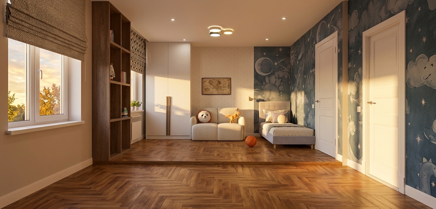 A realistic interior architectural photograph of a cozy child's bedroom captured in the warm evening, strictly maintaining the exact straight-on perspective, wide composition, geometry, and layout of the original scene. The room is warmly illuminated by golden artificial interior light at a soft 2700K color temperature emanating from the ceiling fixtures, casting gentle ambient light and realistic, soft-edged contact shadows throughout the space. Through the window on the left, the dark blue hues of evening twilight show delicate silhouettes of trees outside. The floor retains its distinct medium-toned oak herringbone parquet pattern with visible micro-grain and subtle satin sheen, complemented by a soft woven floor rug and play toys placed on the floor to convey a warm, lived-in atmosphere. All existing furniture materials are vividly rendered: authentic matte wood grain on the tall left shelving unit, crisp smooth finishes on the white wardrobe and panel door, tactile woven fabric on the small sofa with its plush cushions, and a detailed matte texture on the dusty-blue star-and-dinosaur wallpaper on the right wall. Photographed with a 35mm lens at f/5.6, the image exhibits subtle natural photographic imperfections including gentle lens vignetting around the edges, faint film grain, dynamic light falloff, and realistic specular highlights on the brass door handle and light fixtures.