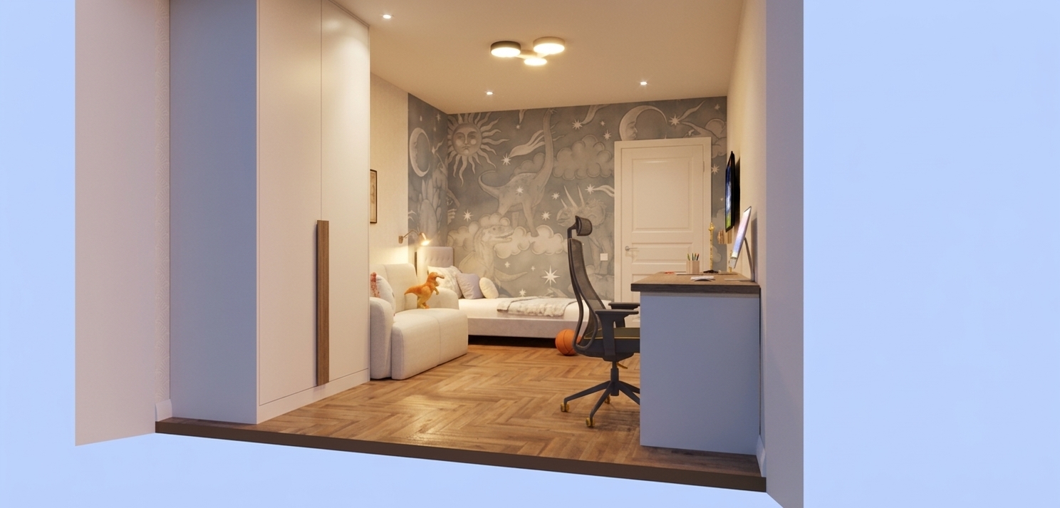 A realistic interior photograph of a child's bedroom taken during the evening with warm artificial lighting switched on, captured with a wide-angle 24mm lens at eye level. The scene retains the exact composition, layout, and placement of all objects: the large white wardrobe on the left with its vertical wooden inset handle, the herringbone oak parquet flooring with a soft satin sheen and realistic wood grain texture, the white armchair, and the bed against the back wall. The back wall features a detailed matte blue wallpaper adorned with celestial moon, sun, and dinosaur motifs, alongside a white interior door. Warm golden light emanates from the modern ceiling fixture and subtle recessed spotlights, casting gentle shadows and creating a cozy evening atmosphere throughout the room. A soft localized warm glow shines from the brass wall sconce beside the bed. All materials exhibit authentic surface micro-textures—tactile fabric weaves on the armchair and bedding, crisp matte finishes on the desk and cabinet doors, brushed metallic accents on the ergonomic chair, and subtle reflections on the computer screen—yielding a perfectly rendered, true-to-life photograph with natural light bloom and delicate vignetting.