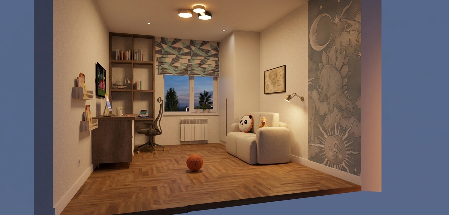 A realistic wide-angle interior photograph of a child's bedroom during cozy early evening, maintaining the exact layout, geometry, and composition of the original scene. The room is warmly illuminated by turned-on artificial lighting from the ceiling fixture and the soft glow of the wall sconce, creating gentle, inviting highlights and realistic ambient shadows across the textured surfaces. Outside the window, the soft twilight sky reveals the realistic silhouettes of tree branches just beyond the glass. The original wall colors and furniture finishes are preserved with heightened photographic authenticity: detailed oak wood grain on the herringbone floor and tall shelving unit, matte subtle wallpaper texture, soft woven fabric on the white armchair, and the tactile pebbled leather finish of the basketball on the floor. The celestial mural on the right wall has a realistic wallpaper texture seamlessly integrated under the warm ambient light. Captured with a 24mm architectural lens at f/8, featuring balanced exposure between the warm interior lighting and twilight exterior, faint micro-smudges on glass, natural falloff, and subtle sensor noise for absolute photographic realism.