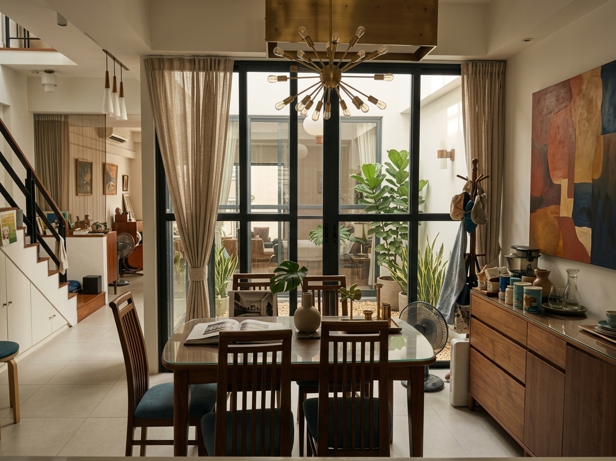 An incredibly lifelike, richly detailed, photorealistic wide-angle interior photograph of a reimagined mid-century modern dining room set in a sophisticated urban home. The scene is illuminated by soft afternoon sunlight filtering through expansive floor-to-ceiling glass panels combined with the warm, atmospheric glow of a brass Sputnik pendant light, creating a serene, warm, and retro-chic atmosphere. Captured with a 35mm prime lens at f/8, emphasizing the rich grain of polished teak wood, smooth matte wall finishes, and vibrant green foliage.

The reimagined space embraces a clutter-free, organic aesthetic with a perfectly balanced spatial layout that celebrates linear elegance and timeless functionality. Centered beneath the statement chandelier is an iconic oval teak dining table surrounded by sculpted walnut chairs upholstered in a muted petroleum-blue woven fabric. Resting on the pristine glass top of the table is a carefully curated arrangement: an oversized photography book showcasing architectural classics, a matte ceramic vase with a single monstera leaf, and low brass candleholders. 

To the right, the previously cluttered storage area is replaced by a sleek, low-profile walnut sideboard with seamless handleless drawers and tapered dowel legs. Above the sideboard hangs a large-scale abstract canvas painting blending rich earth tones—terracotta, burnt orange, mustard, and deep navy—adding dynamic focal energy to the minimalist backdrop. To the left, the staircase is streamlined with black steel balustrades and warm wooden treads, seamlessly connecting the open-plan levels. 

The sliding glass doors are upgraded to ultra-slim, black-framed architectural panels that reveal a tranquil inner courtyard patio. Outlined by lush potted fiddle-leaf figs, snake plants, and textured gravel, this private outdoor sanctuary creates an effortless indoor-outdoor flow, filling the home with natural light and peaceful greenery. Every surface is pristine and intentionally curated, blending retro sophistication with modern functional luxury.
