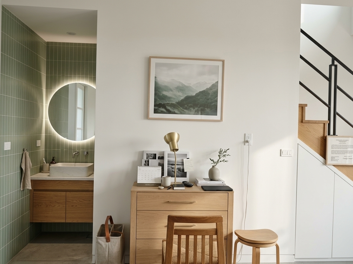 An incredibly lifelike, richly detailed, photorealistic wide-angle interior shot of a serene Scandinavian sanctuary dining nook set in a sunlit modern residence. The scene is illuminated by gentle, diffused mid-morning natural sunlight streaming through large floor-to-ceiling windows, creating a tranquil, airy, and hygge-inspired atmosphere. Captured with a 35mm f/2.8 lens, emphasizing natural light oak wood grain, soft tactile linen textiles, matte ceramic accents, and smooth plaster finishes. 

In this reimagined layout, the central wall features a streamlined, floor-mounted light oak credenza topped with curated photography books, a minimalist brass table lamp, and a ceramic vase holding a sprig of subtle greenery. Above it hangs a large, elegantly framed piece of nature-inspired wall art depicting a misty mountain landscape in soft greens and misty grays. To the left, the dark tiled alcove is transformed into an elevated powder room niche clad in soft moss-green vertical subway tiles, housing a floating solid oak vanity with an integrated white stone basin and a glowing backlit round mirror. To the right, the under-stair space is converted into seamless, handleless white cabinetry, while the staircase itself features warm oak treads and a slender, contemporary matte-black steel railing. In the foreground, an organic light oak dining chair with a woven paper cord seat invites warmth, completing a harmonious palette of crisp whites, soft grays, and natural wood tones.