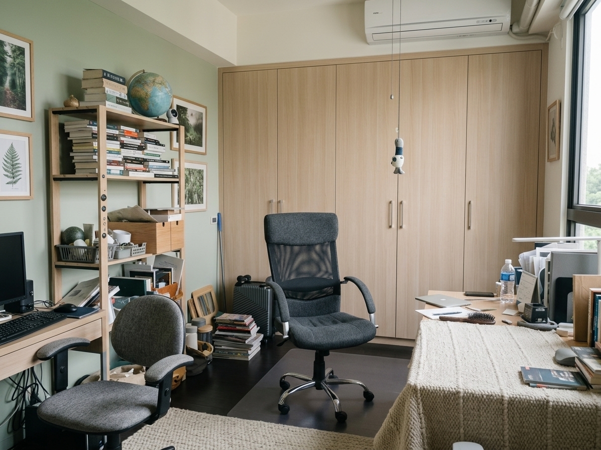An incredibly lifelike, richly detailed, photorealistic wide-angle interior photo of a serene Scandinavian sanctuary study room set in a contemporary home. The scene is illuminated by abundant, diffused daylight streaming through floor-to-ceiling modern windows, creating a tranquil, airy, and inviting hygge-inspired atmosphere. Captured with a 35mm f/2.8 architectural lens, emphasizing the tactile grain of natural blonde oak, plush wool textures, matte white finishes, and vibrant organic greenery.

The room transforms the former cluttered layout into a harmonious, minimalist retreat. Along the far wall, seamless full-height wardrobes are re-finished in smooth light ash wood with sleek recessed finger pulls, paired with an sleek AC unit integrated discreetly into the upper soffit. The walls are painted in a soothing palette of soft sage green and warm crisp white, adorned with curated, oversized framed nature-inspired wall art featuring foggy forest photography. To the left, a minimalist open bookshelf crafted from pale oak and matte black steel elegantly displays organized art and photography books alongside delicate ceramic vases and a trailing potted pothos. 

At the center of the space rests a clean-lined wooden desk adorned with a polished metal desk lamp, an open photography monograph, and subtle, tasteful stationery. A sleek, modern ergonomic desk chair in charcoal-gray wool upholstery sits invitingly behind it. The rich dark flooring is softened by a thick, hand-woven cream wool area rug, while a cozy reading nook near the window features a low-profile lounge chair draped with a plush knitted throw blanket. Outside the glass, a soft view of lush green tree tops subtly blurs into the background, completing this bright, organic, and perfectly balanced workspace.