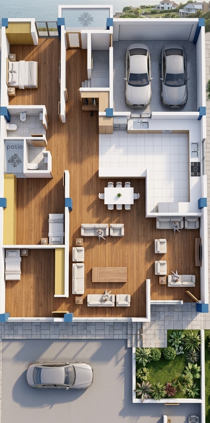 An incredibly lifelike, richly detailed, photorealistic 3D isometric bird's-eye perspective view of a spacious modern single-story home set in a serene seaside neighborhood. The scene is illuminated by gentle morning sunlight streaming through wide floor-to-ceiling glass doors, creating a bright, breezy, and coastal atmosphere. Captured with a professional architectural tilt-shift lens, emphasizing rich warm oak hardwood floors, crisp white plaster walls at full structural height, and fine linen upholstery textures, this realistic interior showcase highlights a beautifully realized open-concept design. To the top right, a covered two-car garage houses sleek modern sedans parked on polished grey concrete flooring. Adjacent to the entryway and stairs, a dedicated mudroom features built-in timber cabinetry and coat storage. The spacious central living and dining areas flow effortlessly into a grand kitchen finished with glossy white ceramic floor tiles and pristine quartz countertops. Bedrooms are thoughtfully furnished with neatly made beds, integrated wood-slat wardrobes, and crisp linens, while the sleek bathrooms display detailed porcelain tiling and elegant fixtures. Every door, piece of furniture, and wall is perfectly grounded, casting realistic, soft shadows that lend depth and tangible realism to the entire architectural space.