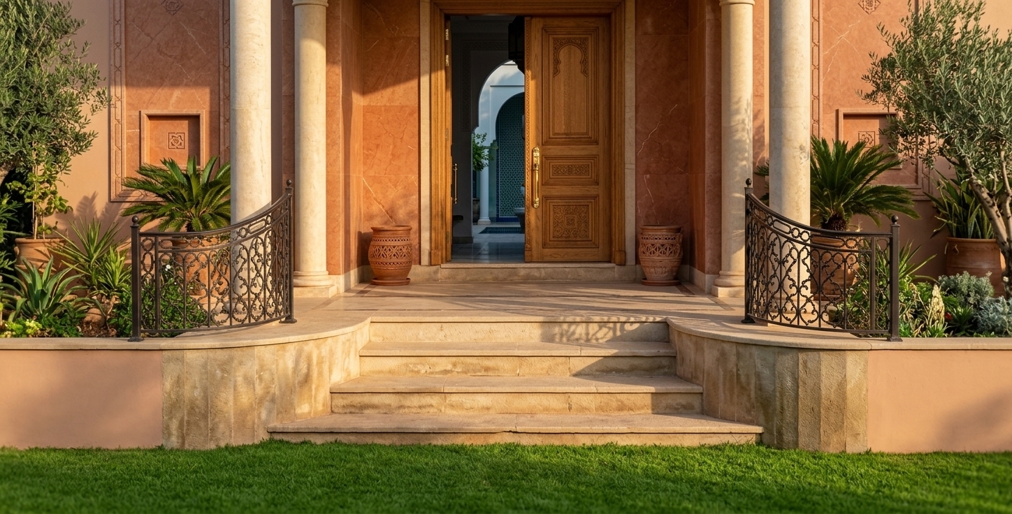 An incredibly lifelike, richly detailed, photorealistic eye-level architectural shot of a grand entryway porch featuring elegant curved steps flanked by ornate wrought-iron stair railings set in a tranquil outdoor garden filled with Moroccan mystique. The scene is illuminated by warm, golden late-afternoon sunlight casting soft, dramatic shadows, creating an inviting and exotic atmosphere. Captured with a 35mm tilt-shift architectural lens, emphasizing the intricate micro-mosaic tile cladding, smooth beige travertine columns, and richly carved oak double doors. The multi-tiered stone steps cascade effortlessly down to a vibrant, perfectly manicured green lawn, while polished brass handles on the handcrafted doors reflect the soft ambient glow. Warm terracotta-toned marble wall panels and refined geometric motifs elevate the structure with timeless artisanal elegance and architectural depth.