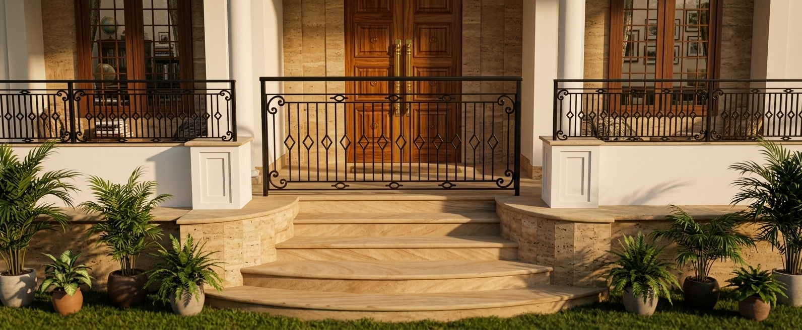 An incredibly lifelike, richly detailed, photorealistic eye-level architectural photo of a grand veranda entrance set in a lush, sun-dappled residential estate. The scene is illuminated by warm late-afternoon golden hour sunlight, creating a cultured, inviting, and nostalgic atmosphere. Captured with a professional 35mm tilt-shift architectural lens, emphasizing the rich natural grain of polished teak wood, the tactile warm earth-toned travertine stone cladding, and the intricate filigree of matte-black wrought-iron railings.

Broad, curved sandstone steps gracefully lead up to a double entry door featuring carved wooden panels and polished brass handles, set between smooth, warm-toned structural columns. Flanking the porch, large wooden-framed glass windows reveal hints of a layered, travel-inspired interior rich with photography books, curated wall art, and vibrant global patterns. Potted leafy indoor plants and tropical greenery frame the base of the crisp white plinths on a freshly manicured lawn, adding life and an adventurous, worldly charm to the elegant exterior facade.