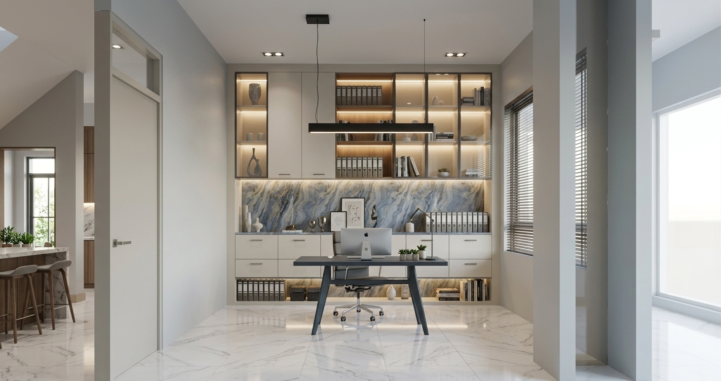 An incredibly lifelike, richly detailed, photorealistic wide-angle interior shot of a serene modern home office set in a contemporary residence featuring a digital zen aesthetic. The scene is illuminated by warm, hidden LED strip backlighting recessed within custom cabinetry, perfectly balanced with soft ambient daylight filtering through side venetian blinds, creating a sophisticated and focused atmosphere. Captured with a 35mm architectural lens at eye level, emphasizing polished white marble floor tiles with delicate gray veining, a dramatic blue-and-gold marble backdrop panel, and crisp matte finishes. 

At the center of the perfectly balanced composition sits a sleek, dark slate-finished executive desk paired with a modern ergonomic chair, a minimalist computer setup, and subtle greenery. The rear wall features floor-to-ceiling built-in storage with soft off-white drawers, open wooden shelving lined with organized binders, and glass-front upper display cabinets that emit a soft, atmospheric glow from integrated LED strip lights. Large-format white marble floor tiles reflect the ambient lights from above and within the glass cabinetry, enhancing the room's spatial depth. A minimal black linear pendant light suspends gracefully over the desk, completing a refined, tranquil, and highly productive contemporary workspace.