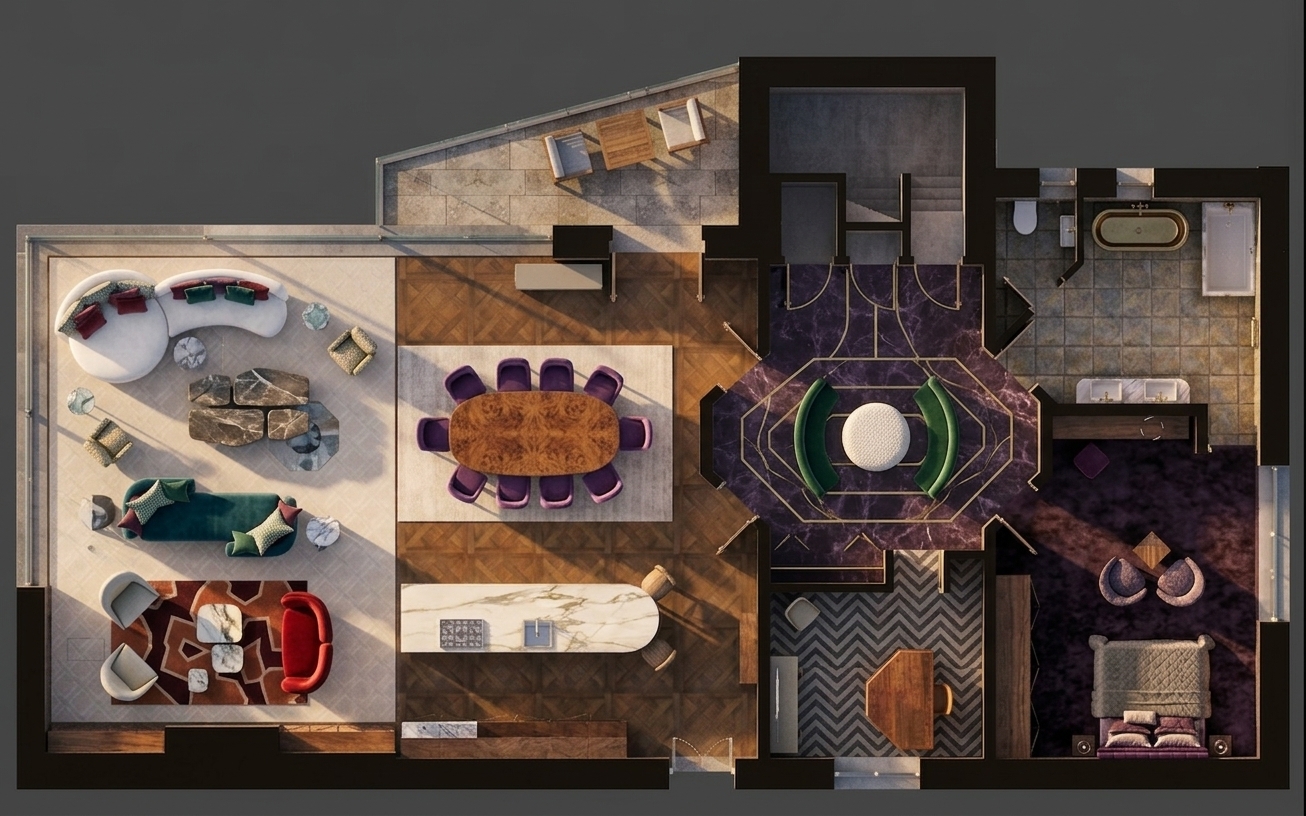 Top-down orthographic architectural photograph of the entire floor plan, precisely maintaining the exact structural layout, furniture placement, room divisions, and original composition. Warm early spring sunrise light streams horizontally into the space, casting long, soft-edged golden highlights and subtle directional shadows that sweep gently across the room floors. The color temperature beautifully contrasts cool morning ambient daylight in shaded corners with rich, warm sunlight along the window edges and terrace. Every surface exhibits photorealistic micro-textures: the dark wood parquet flooring reflects soft satin highlights with natural wood grain, the marble kitchen counter reveals intricate gray veining and subtle specular reflections, the purple velvet dining chairs and green curved banquette display soft textile fuzz, and the herringbone rug features realistic woven thread textures. Deep, soft contact shadows nestle under all furniture pieces, walls, and cabinetry, providing realistic depth and spatial dimension. Faint atmospheric haze, gentle lens vignetting around the outer borders, and a touch of fine photographic film grain elevate the scene into an authentic, highly tactile architectural top-down photograph.