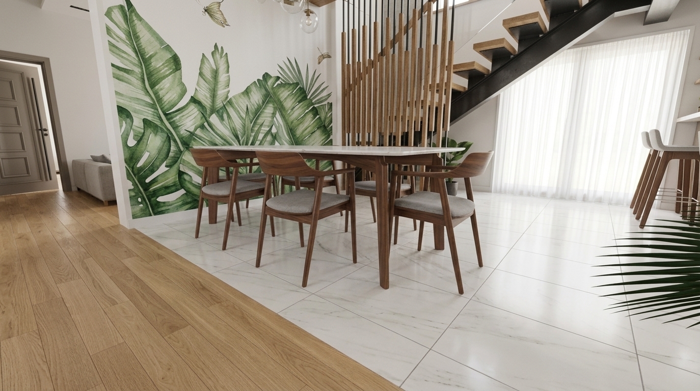 An incredibly lifelike, richly detailed, photorealistic eye-level interior perspective of an open-concept dining area set in a luxurious modern residence. The scene is illuminated by bright midday daylight filtering softly through floor-to-ceiling sheer white curtains, creating a serene, warm, and inviting atmosphere. Captured with a 24mm wide-angle lens, emphasizing the fine grain of natural timber, polished white porcelain floor tiles, and delicate watercolor wall details, the composition highlights a seamless transition from warm oak hallway floors to light tiled dining space. At the center, a sleek marble-topped table is surrounded by mid-century modern wooden armchairs featuring soft grey upholstered cushions. A artistic botanical mural with lush green banana leaf accents adorns the main feature wall, complemented by an industrial-inspired floating staircase framed by dynamic vertical wooden slat partitions.