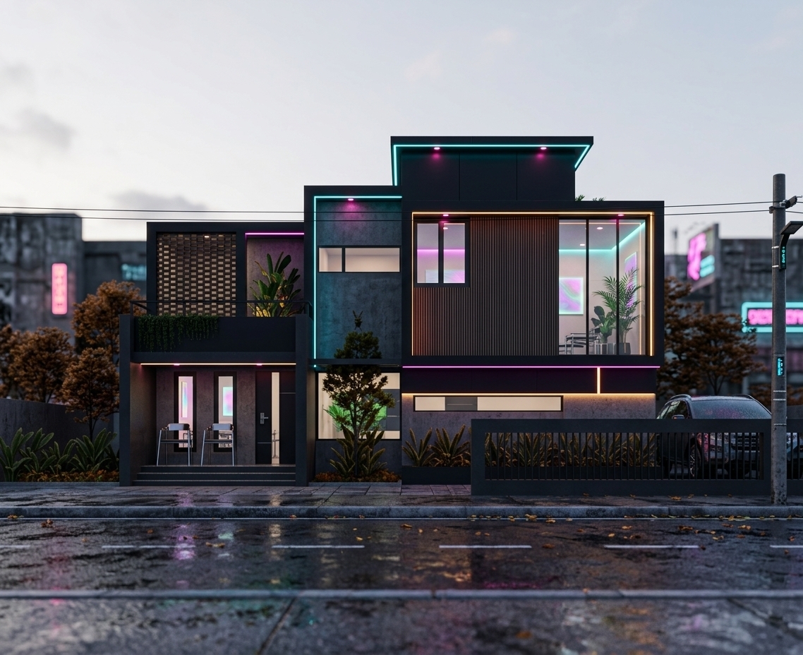 An incredibly lifelike, richly detailed, photorealistic front-facing architectural shot of a sleek two-story modern residence set in a gritty, high-tech urban environment on a crisp autumn morning. The scene is illuminated by the soft dawn light of early sunrise juxtaposed with striking cyan, magenta, and warm electric neon accent lights recessed along the building’s overhangs, creating a moody, high-contrast neon noir atmosphere. Captured with a sharp tilt-shift architectural lens, emphasizing the matte black panels, industrial dark gray concrete walls, vertically ribbed dark cladding, and razor-sharp geometric lines of the structure. Through the wide glass windows, minimalist interior spaces reveal sleek metal and glass furniture, subtle holographic wall art glowing soft neon hues, and vibrant indoor tropical plants. Outside, wet autumn-kissed pavement and a low slotted perimeter fence reflect the vibrant neon glow, seamlessly merging gritty cyberpunk aesthetics with refined modern architecture.