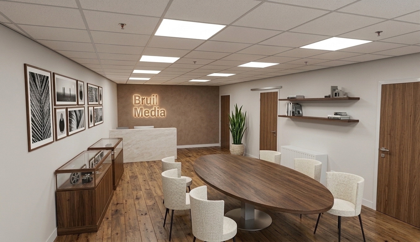 A professional wide-angle architectural photograph captures this contemporary office interior with precise physical realism, maintaining the exact layout, perspective, and structural geometry of the scene. The space is lit by a natural blend of crisp neutral illumination from the square LED troffer lights in the acoustic drop ceiling and a warm 2700K ambient halo glow radiating from behind the dimensional white logo on the textured, muted brown terracotta back wall. In the foreground, the large oval walnut table exhibits a rich, detailed wood grain with a soft satin finish and natural specular highlights, complemented by six ivory upholstered chairs showing a tactile, fine boucle fabric weave. Light bounces realistically off the rich wood plank flooring, revealing subtle grain variations and seam bevels. To the left, black-and-white framed art prints line the wall above walnut glass display cabinets filled with vintage film cameras and reels, where the glass panels carry faint, natural reflections and micro-imperfections. Every detail—from the ivory plaster reception counter to the walnut doors and floating shelves—is rendered with authentic surface textures, micro-misalignments, gentle lens vignetting at the frame edges, and a fine, natural image grain that grounds the scene as an authentic photograph.