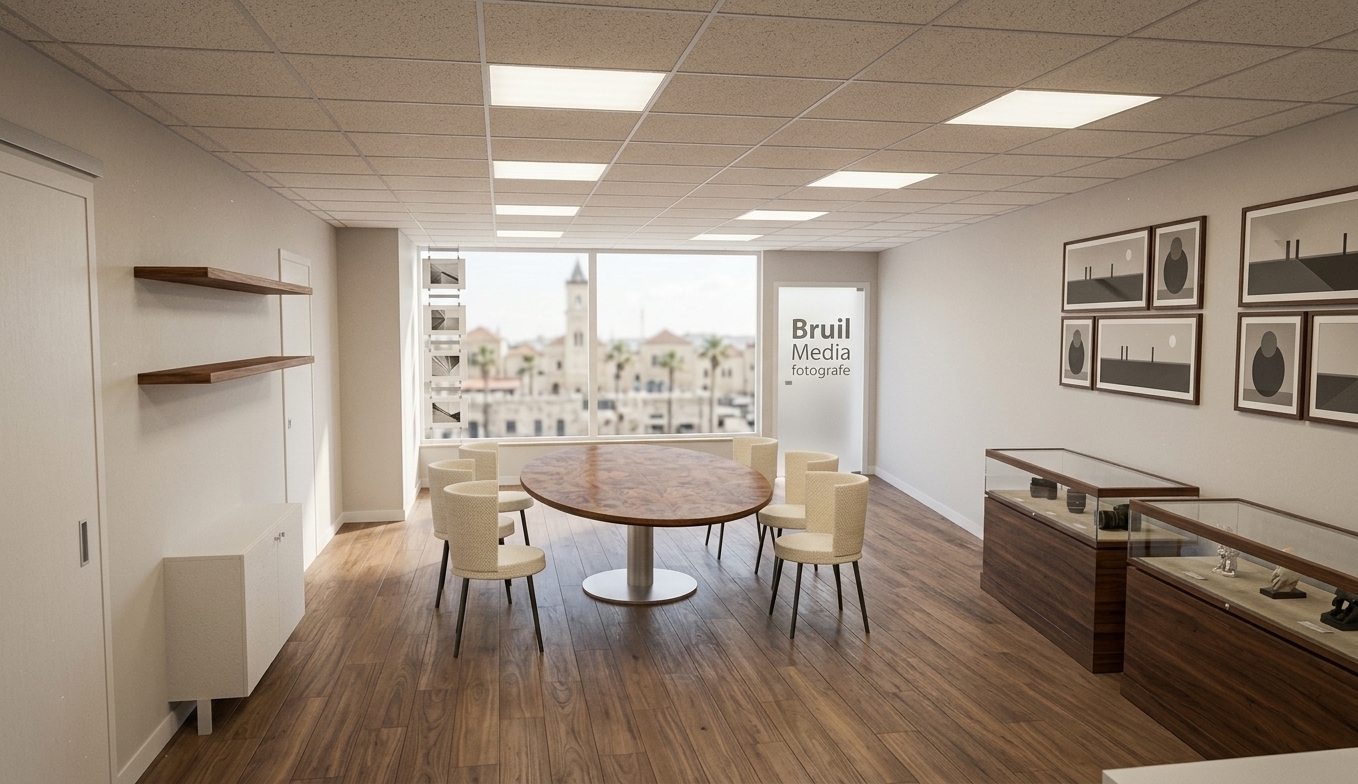 A wide-angle professional interior photograph of a sophisticated photography studio, captured from the rear looking toward a large north-facing window using a 24mm tilt-shift lens at eye level. The scene is illuminated by soft, diffused, non-directional daylight filtering through the main window, complemented by the gentle warm illumination from recessed acoustic ceiling light panels. The floor consists of natural walnut wood planks with subtle matte sheen and visible grain micro-textures. In the center stands an oval walnut table surrounded by elegant chairs upholstered in rich, ivory woven fabric resting on slender dark legs. Along the left wall, floating walnut shelves are mounted against smooth matte off-white plaster walls, while antique walnut display cabinets with clear glass tops line the right wall beneath black-framed wall art. On the right glass pane of the rear window, a translucent frosted foil decal is applied to the glass, displaying the mirrored text Bruil Media in a bold Arial typeface stacked vertically, occupying about thirty percent of the window height, with fotografe written in a delicate cursive script centered below it. Suspended in front of the left window pane is a vertical hanging display system with steel tension cables holding four museum-glass photo frames, seen from their structured backings as they face outward toward the street. The distant background outside the window shows a softly blurred overcast European town square. Subtle real-world imperfections like fine dust, light reflections on glass, soft textile textures, and faint lens vignetting enhance the authentic photographic feel.