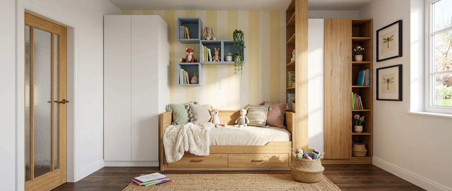 An incredibly lifelike, richly detailed, photorealistic wide-angle interior photograph of a young girl's bedroom designed as a serene bohemian oasis set in a light-filled home. The scene is illuminated by bright, warm midday sunlight streaming from a large spring window, creating a cozy, playful, and inviting atmosphere. Captured with a 35mm prime lens, emphasizing rich natural oak wood grains, tactile plush fabrics, and soft pastel finishes, the room features seamless crisp white cabinetry alongside an eye-catching pastel yellow and cream striped feature wall. A central built-in daybed is invitingly styled with an ultra-fluffy cream throw blanket, soft textured bohemian pillows, and plush cushions. Geometric wall-mounted cube boxes and tall warm oak shelving are thoughtfully decorated with colorful storybooks, soft plush mascots, and cascading potted spring flowers. On the dark hardwood floor sits a thick, woven boho rug next to a natural seagrass basket brimming with toys, while school supplies and framed dragonfly wall art complete this charming, beautifully organized retreat.