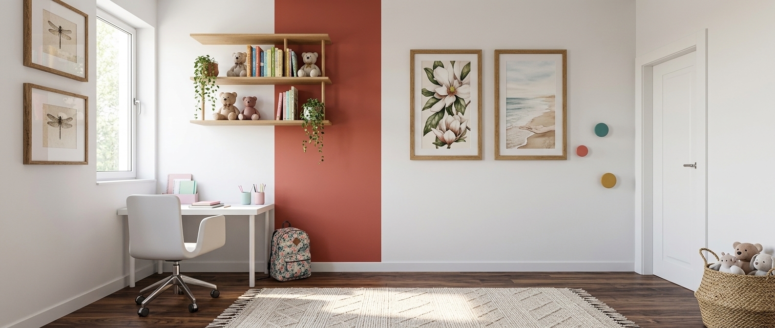An incredibly lifelike, richly detailed, photorealistic wide-angle interior photo of a young girl's bedroom set in a sunlit modern residence. The scene is illuminated by bright, soft spring midday sunlight cascading through the window, creating a warm, airy, and inviting bohemian oasis atmosphere. Captured with a professional 35mm architectural lens, emphasizing tactile materials like rich dark walnut flooring, natural oak floating shelves, and soft woven textiles.

The room features a crisp white main wall highlighted by a bold terracotta-red accent stripe that grounds a sleek, two-tiered oak wall shelving unit. The shelves are charmingly styled with a collection of colorful children's storybooks, cute plush teddy bears, and delicate potted trailing plants with vibrant green leaves. To the left, a clean white desk paired with a dark charcoal ergonomic swivel chair holds tidy school accessories—notebooks, pastel pencil cups, and stationery—while a stylish floral school backpack leans neatly against the desk frame. Anchoring the space, a textured cream woven boho rug with subtle geometric patterns and fringed edges rests on the dark wood floor. Beside the minimalist white door frame on the right, a natural seagrass woven toy basket overflows with soft plushies, perfectly balancing the colorful circular wall hooks and framed botanical art prints for a playful yet serene bedroom retreat.