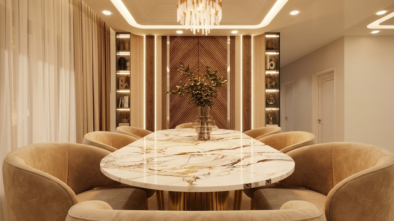 A professionally shot architectural interior photograph of this luxurious dining room, maintaining the exact camera perspective, framing, structure, and furniture arrangement. The scene is enveloped in enhanced, cozy warm lighting with a 2800K color temperature, casting soft golden illumination from the cove ceiling lights, vertical LED strip accents, and the glowing crystal chandelier. The room radiates in rich shades of warm beige, cream velvet, sandy taupe, and rich natural wood tones. Shot on a full-frame camera with a 35mm focal length at f/5.6, the photograph reveals tangible micro-textures: fine fabric weaves and gentle creasing on the curved beige dining chairs, natural grain on the slatted timber wall panels, and high-gloss reflections on the polished marble tabletop showing authentic gold and dark brown mineral veining. Subtle light refractions glisten through the glass vase with green leafy branches at the center. Natural photographic realism is achieved through faint lens flare from the overhead chandelier, gentle vignetting in the corners, subtle depth in ambient shadows, and authentic surface micro-imperfections throughout the light-filled space.