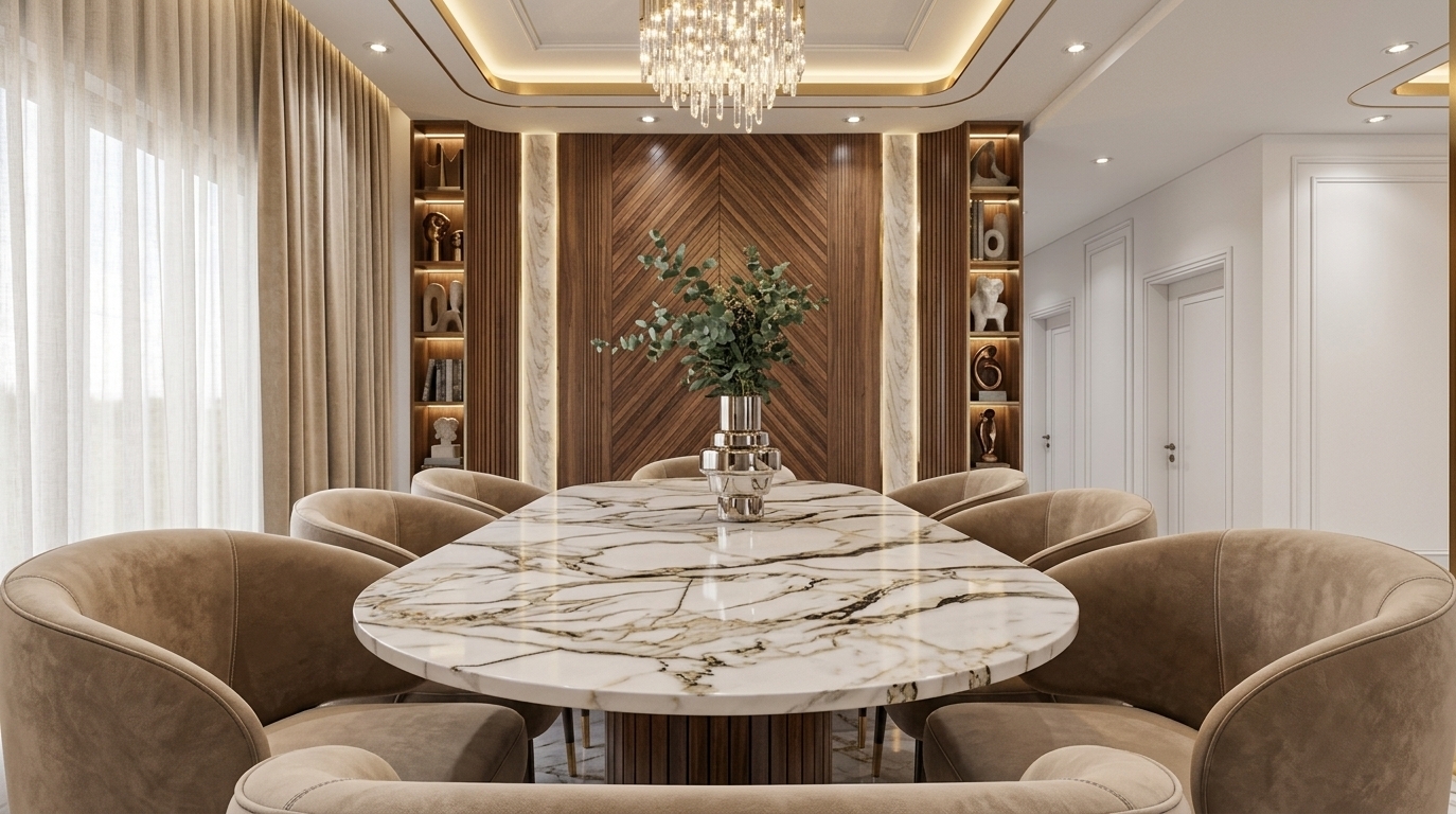An incredibly lifelike, richly detailed, photorealistic interior photo of a glamorous dining room set in an opulent modern residence. The scene is illuminated by enhanced multi-layered lighting, featuring warm concealed LED strip accents, delicate recessed spotlights, and a radiant crystal chandelier alongside diffused natural daylight, creating a serene, opulent atmosphere. Captured with a full-frame architectural camera using a 35mm lens, emphasizing the intricate veining of polished marble, rich fluted wood grain, and tactile beige velvet upholstery. At the heart of the space, a sleek oval Calacatta marble dining table with striking gold and charcoal veining is surrounded by plush, tub-style armchairs rendered in sophisticated shades of beige and cream. Embodying refined Art Deco glamour, the focal feature wall displays chevron wood paneling flanked by vertical fluted trim and softly backlit display niches showcasing curated sculptures, while floor-to-ceiling sheer and velvet drapery gently frame the light from the adjacent windows.