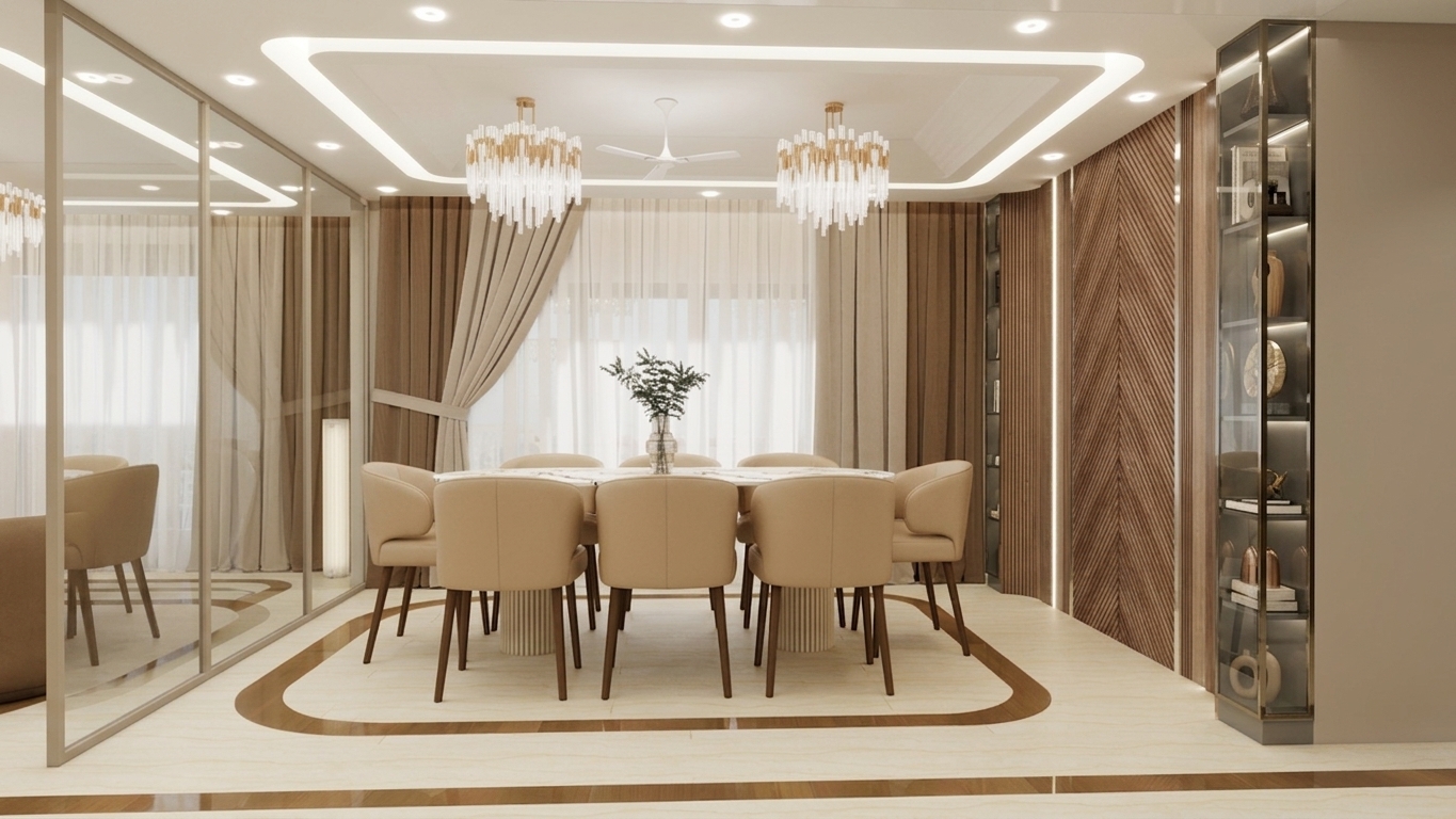 A professionally shot architectural interior photograph of the elegant dining room, captured with a 24mm lens at eye level to maintain crisp, straight vertical lines. The room is bathed in enhanced, layered lighting with a warm 2800K color temperature emanating from the glowing ceiling cove, downlights, and twin crystal-and-brass chandeliers, balanced by soft, natural daylight filtering gently through the sheer beige curtains in the background. The visual palette is defined by rich, harmonious shades of beige, ivory, cream, and warm taupe, complemented by dark walnut accents. Material textures feature true-to-life physics, including supple matte beige leather upholstery on the dining chairs with delicate micro-wrinkles, polished light marble flooring displaying faint veining and realistic glossy reflections, and textured fluted wood paneling on the right. Subtle photographic imperfections—such as faint glass reflections and tiny smudges on the mirrored partition, mild lens bloom around the glowing chandelier lights, subtle dust particles suspended in light rays, gentle edge vignetting, and fine digital grain in deep shadows—give the scene an authentic, high-end editorial feel.