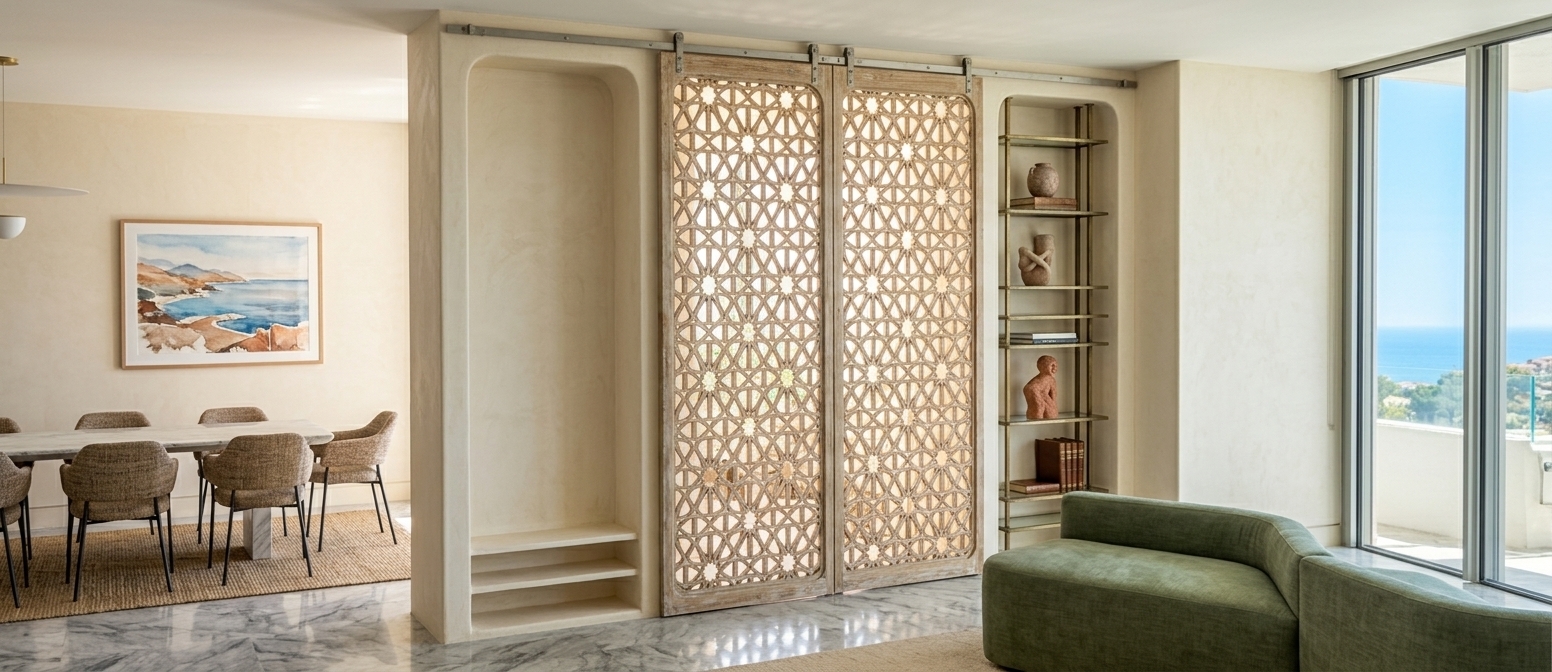 An incredibly lifelike, richly detailed, photorealistic interior photograph of a coastal living room set in a luxurious Mediterranean retreat. The scene is illuminated by brilliant bright midday sun streaming in during late spring, creating a relaxed, warm, and inviting atmosphere. Captured with a high-end full-frame architectural camera and a 24mm prime lens, emphasizing the rich tactile quality of textured plaster walls, warm terracotta accents, and intricate woodwork. At the heart of the space, a sleek plaster feature wall holds double sliding screen doors crafted from aged light wood featuring intricate geometric latticework that filters light into delicate patterns. To the left, a tall recessed niche highlights framed Mediterranean landscape wall art composed of soft blues, warm neutrals, and rich terracotta tones, perched above low floating shelves. On the right, a narrow metal-frame display unit holds curated Mediterranean-inspired decor, including artisan ceramics, a sculpted figurine, and elegant photography books. In the foreground, a curved serpentine sofa upholstered in textured sage green fabric rests on polished gray-veined marble flooring, while the adjacent open-plan dining area features wrought iron and rustic wooden furniture set beneath soft ambient lighting. Outside the expansive floor-to-ceiling glass windows, bright azure skies reflect the vibrant coastal atmosphere, perfectly balancing casual elegance with serene rustic charm.