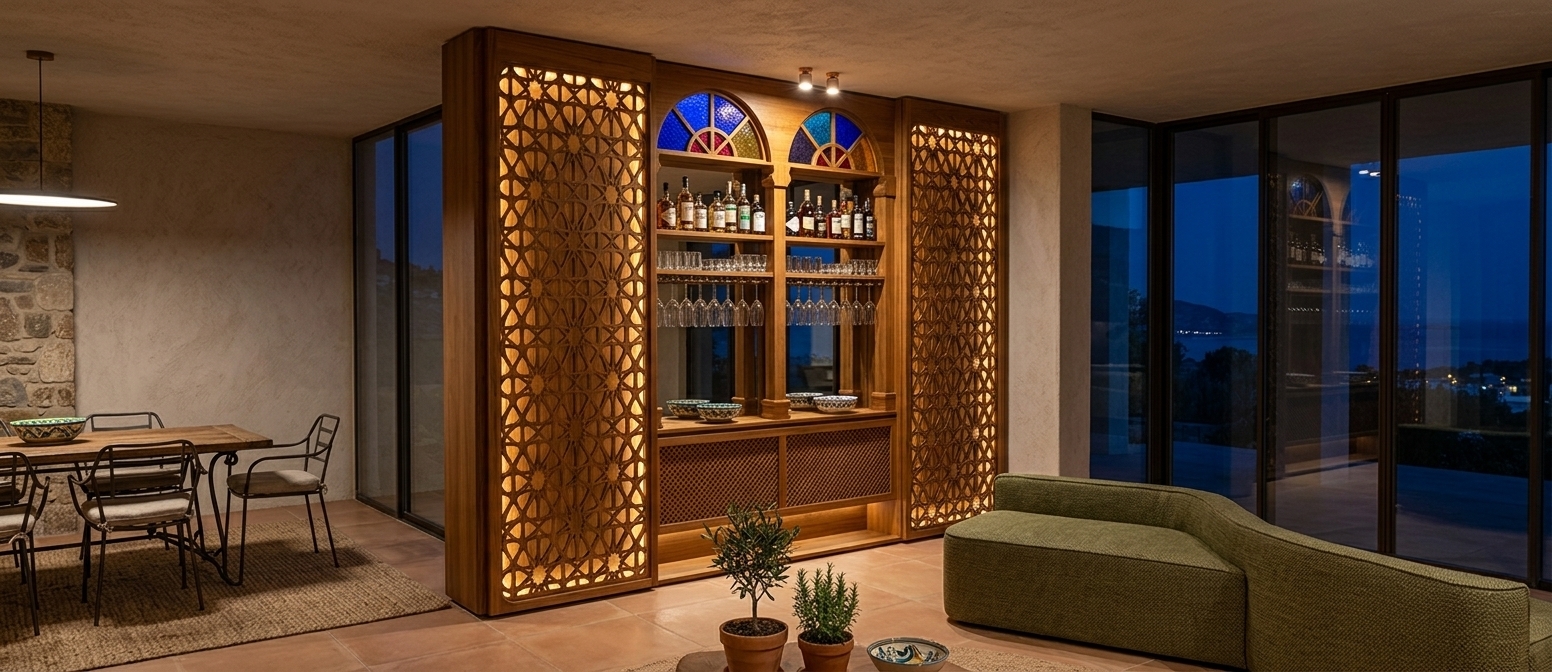 An incredibly lifelike, richly detailed, photorealistic wide-angle interior photograph of an elegant living room and home bar set in a Mediterranean retreat during a peaceful spring night. The scene is illuminated by warm, concealed accent lighting and the ambient glow radiating behind intricate laser-cut wooden screens, creating a relaxed, warm, and inviting atmosphere. Captured with a 35mm architectural lens, emphasizing rich teak wood grains, vibrant stained glass, and smooth stone textures, the room expertly blends rustic charm with modern luxury. 

At the center, a spectacular floor-to-ceiling bar unit features geometric latticework panels framing twin arched display shelves filled with artisanal spirits, wine bottles, and gleaming stemware, topped with stained-glass lunettes in jewel-toned hues. To the right, a flowing, serpentine sectional sofa in a textured olive-green weave rests against expansive glass paneling that reflects deep evening blues. To the left, a cozy dining space with wrought iron and rustic wooden furniture sits atop a neutral woven rug. Shades of warm terracotta, earthy stone, and soft neutrals unite the space, complimented by subtle Mediterranean-inspired decor and lush indoor plants that bring organic tranquility to this night-time coastal sanctuary.