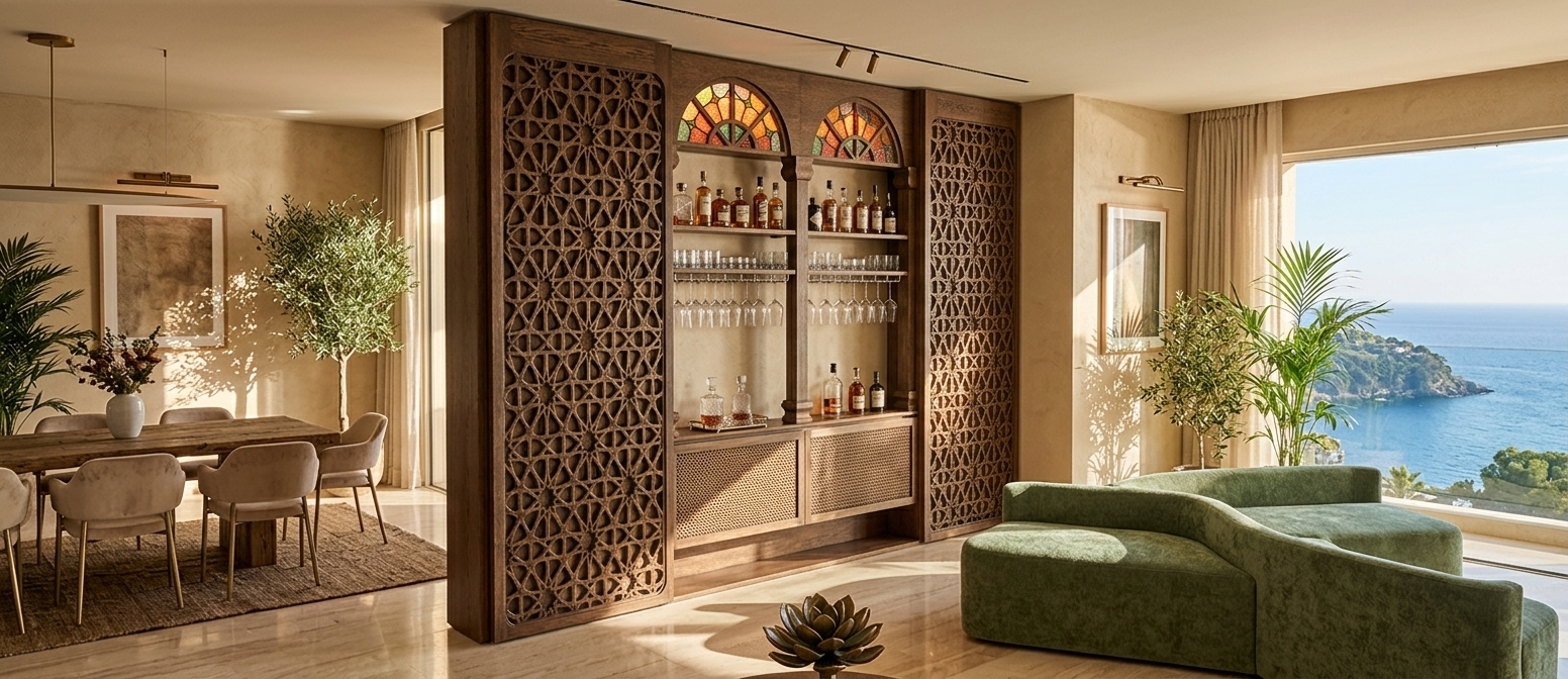 An incredibly lifelike, richly detailed, photorealistic wide-angle interior photograph of an opulent living room and home bar set in a coastal Mediterranean retreat. The scene is illuminated by natural, midday spring sunlight streaming through expansive glass openings, creating a relaxed, sun-drenched, and warmly inviting atmosphere. Captured with a 35mm architectural lens, emphasizing intricate wooden lattice screens, textured plaster surfaces, and polished marble flooring, the composition highlights both traditional craftsmanship and contemporary comfort. At the center of the space stands a bespoke built-in bar cabinet framed by detailed wooden mashrabiya screens and topped with vibrant, arched stained-glass panels that filter sunlight in warm terracotta and amber hues. Open shelves display fine liquor bottles and sparkling stemware hanging neatly below. To the right, a unique serpentine sofa in a textured sage-green fabric curves gracefully before a soaring window framing a brilliant coastal blue sky. On the left, a cozy dining nook featuring soft beige armchairs and a rustic wooden table rests on a textured earthy rug, with lush indoor greenery adding life to the warm neutral palette.