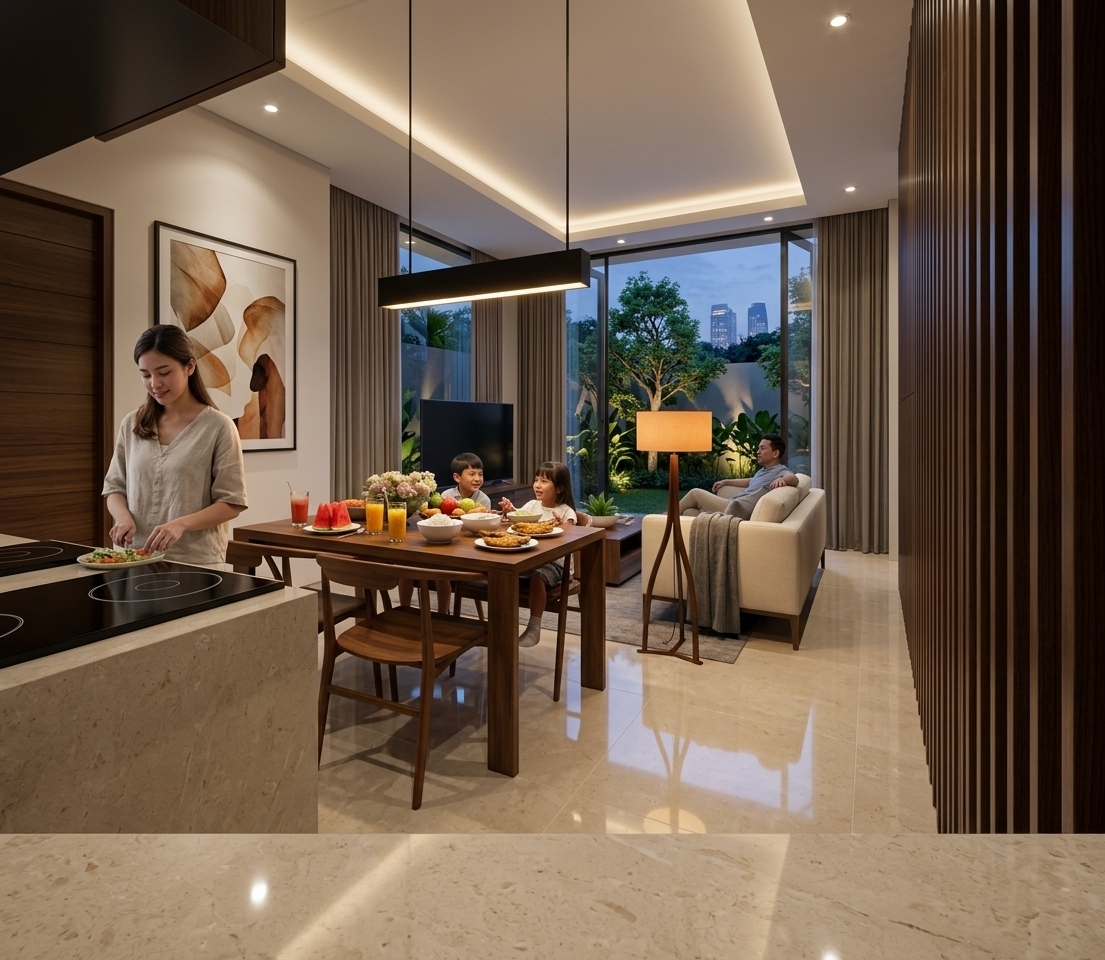 An incredibly lifelike, richly detailed, photorealistic wide-angle interior shot of a compact modern minimalist open-plan living, dining, and pantry space set in a luxury townhouse in South Jakarta. The scene is illuminated by warm recessed ceiling coves, a sleek black linear pendant fixture, and the gentle golden twilight filtering through floor-to-ceiling glass walls, creating a cozy, warm, and deeply harmonious family atmosphere. Captured with a 24mm tilt-shift architectural lens, emphasizing the glossy sheen of 80x80cm light beige granite floor tiles, rich dark WPC slatted wood accents, and ambient reflections...

On the left, a young mother stands at the dark island pantry, gently preparing a meal over a sleek electric cooktop. At the warm timber dining table in the center, two young children—a boy and a girl—sit eagerly awaiting dinner; the table is set with tall glasses of fresh watermelon and iced orange juice, steaming bowls of white rice, crisp fried fish, and home-cooked vegetable soup. Just beyond in the living zone, a man relaxes comfortably on the soft cream sofa watching television beside a floor lamp casting a soft amber glow. The entire right wall features vertical WPC wood paneling that cleverly conceals the space beneath the staircase along with a seamless camouflage door to the powder room. Through the expansive glass doors at the rear, a tranquil, spotlighted backyard garden glows under the dusk sky, revealing the soft, distant glowing silhouettes of South Jakarta office towers peeking through lush green foliage—a true urban minimalist haven for a young executive family on a warm spring evening.