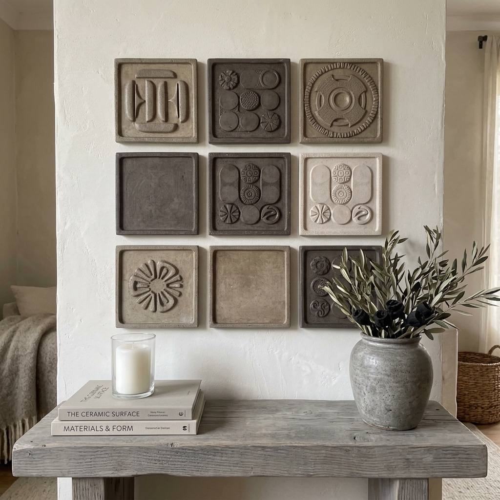 A detailed close-up photograph focusing on the exact 3x3 grid of nine ceramic tiles from the input image, preserving their distinct sculpted geometric relief patterns, raw matte clay micro-textures, precise spacing, and natural earthy palette ranging from cool grey and dark charcoal to warm taupe and unglazed beige. The tile panel is mounted centrally on a light beige plaster column in a cozy, modern living room filled with soft pastel greys, creams, and muted neutrals. Directly beneath the panel, a thick, heavy slab console made from solid grey-washed raw timber features visible grain patterns and fine micro-imperfections. Resting on the right side of the wooden surface is a stack of two large design books—one graphite grey and one off-white—supporting a grey, bulbous conical ceramic vase filled with dried olive and black branches. On the left side of the ledge stand two thick white pillar candles inside tall, clear glass hurricane cylinders. The composition is bathed in soft, diffused side lighting from a large window, creating subtle, soft-edged shadows within the carved tile recesses and across the textured wood grain. Captured with an 85mm lens at f/2.8, the focal point remains tack-sharp on the tactile ceramic reliefs, while the surrounding interior drops into a smooth, creamy bokeh background, complemented by mild natural lens vignetting and subtle atmospheric grain.