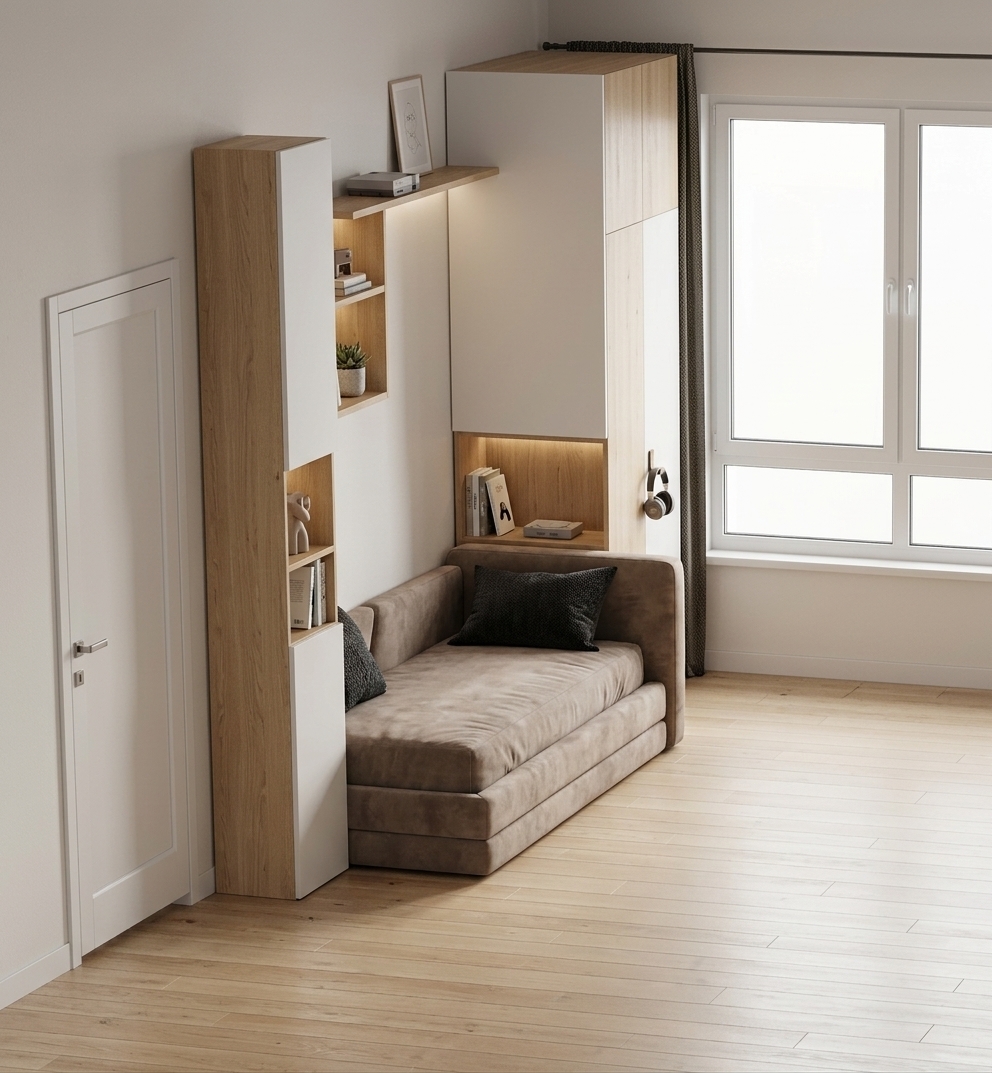 An incredibly lifelike, richly detailed, photorealistic wide-angle interior photo of a sleek, minimalist girl's bedroom nook and gaming haven set in a contemporary urban apartment. The scene is illuminated by soft, natural daylight streaming through large white double windows paired with warm, integrated LED accent lighting, creating a calm, inviting, and cozy atmosphere. Captured with a 35mm prime lens with a deep depth of field, emphasizing the rich tactile taupe upholstery, smooth matte white cabinet fronts, and natural light-oak wood grains. At the center sits a cozy daybed finished in a plush, warm taupe fabric, perfectly nestled between smartly integrated custom storage units. To the left, near the sleek white-framed interior door, low-profile and shallow oak-and-white cabinets allow for easy movement while maximizing storage without crowding the entry. On the right side, tall floor-to-ceiling modern wardrobes feature open oak shelving nooks. Overhead, floating light-oak shelf units seamlessly connect both sides of the cabinetry above the bed, holding minimalist decor and subtle ambient gaming accents. Light natural oak hardwood floor planks stretch across the space, reflecting soft sunlight, while dark, full-length drapes subtly frame the window to round out the room's warm neutral color palette.