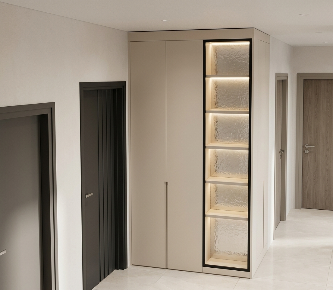 An incredibly lifelike, richly detailed, photorealistic interior photo of a modern hallway and mudroom transition set in a home of contemporary elegance. The scene is illuminated by soft, natural midday light complemented by warm, integrated LED accent lighting within a recessed display column, creating a cozy yet sophisticated atmosphere. Captured with a professional 35mm architectural lens, emphasizing smooth matte finishes, crisp geometry, and intricate glass textures.

At the center of the frame, a tall, slender built-in display unit framed in matte black trim features six open shelves, each backlit by warm horizontal LED strips that cast a gentle glow across a tactile, crinkled-glass back panel. The adjacent custom cabinetry and full-height door panels are finished in a refined Sahara Cream tone featuring a smooth, ultra-matte SUPRAMAT finish that diffuses light with soft elegance. The surrounding walls are painted in a warm broken-white plaster finish, creating a harmonious contrast against a rich, dark charcoal accent door with vertical panel detailing on the left, and subtle greige door casings along the right corridor. Large-format light cream tile flooring stretches across the room, capturing crisp contact shadows and faint reflections that heighten the spatial depth and pristine craftsmanship of the space.