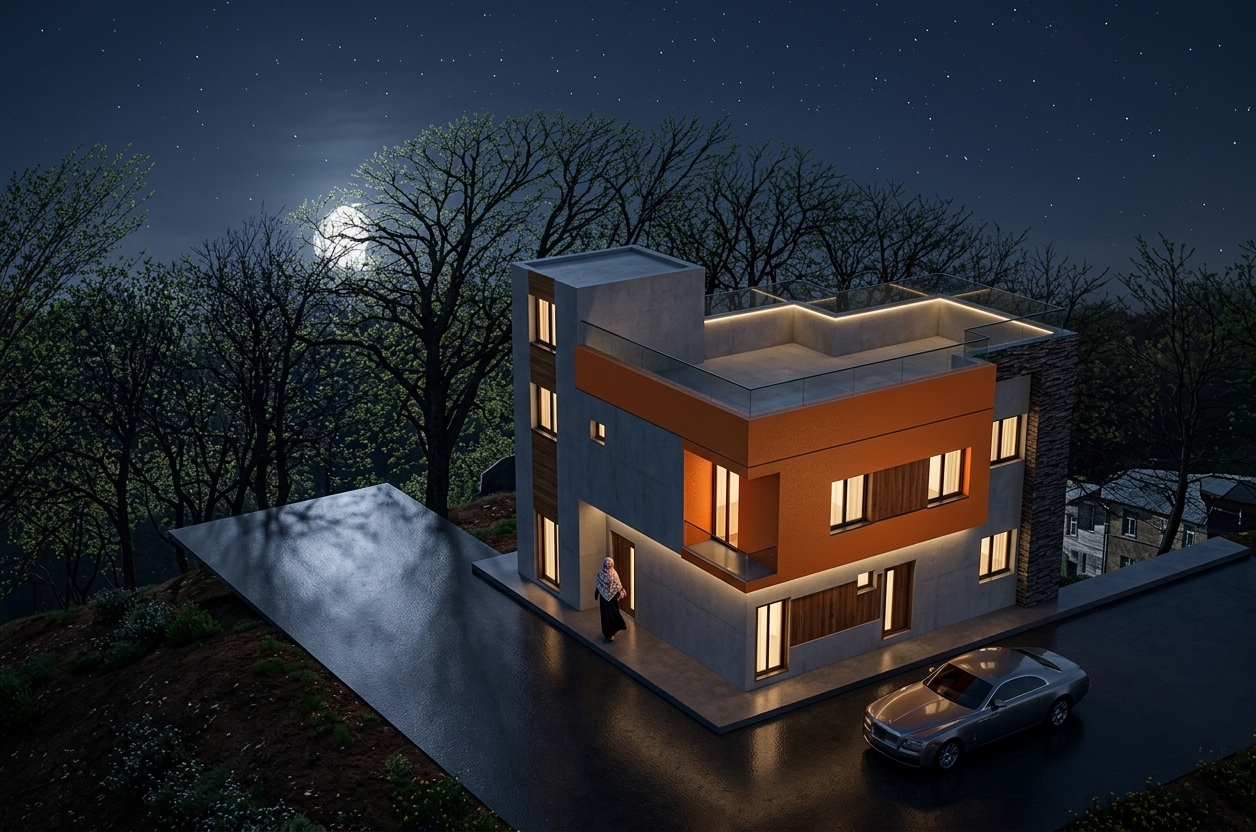 An incredibly lifelike, richly detailed, photorealistic low-angle architectural photograph of a bold retro-futuristic villa set in a serene hilltop environment during a fresh spring night. The scene is illuminated by warm ambient interior light spilling through polished glass windows, subtle exterior LED strip lighting integrated beneath modern balconies with minimalist glass guardrails, and crisp cool moonlight, creating a sophisticated and cinematic atmosphere. Captured with a professional 24mm tilt-shift lens, emphasizing the dynamic contrast between smooth matte grey surfaces, vibrant orange architectural accents, textured stacked stone, and warm timber panels. Outside, along the glossy dark asphalt drive, an elegantly styled Muslim woman wearing a graceful hijab stands near the entryway, while a sleek retro-futuristic luxury car rests quietly beside the curb, reflecting the vibrant architectural lighting against a backdrop of dark, leafing spring trees under a starlit night sky.