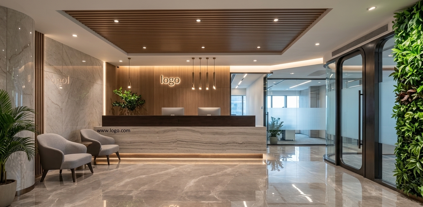 An incredibly lifelike, richly detailed, photorealistic wide-angle interior photo of a luxury executive lobby set in a modern high-rise skyscraper. The scene is illuminated by warm recessed downlights and ambient backlighting, creating a sophisticated and welcoming atmosphere. Captured with a professional 24mm wide-angle lens, emphasizing the rich contrast between glossy marble surfaces, warm wood textures, and organic greenery. 

The space embodies contemporary elegance with a palette of soft gray, pearl, champagne, and warm white tones. Centered in the composition is a refined reception desk crafted from horizontally veined marble and topped with dark timber, suspended beneath four sculptural slim metal pendant lights. To the left, two tailored upholstered armchairs in subtle two-tone gray fabric offer balanced, comfortable seating alongside polished stone wall paneling. On the right, a lush, full-height living green wall adds a touch of natural vitality, counterbalancing the sleek, clean-lined architecture. Glossy, reflective marble floors stretch across the room, capturing crisp mirror-like reflections, while glass office partitions in the background maintain an airy, light-filled sense of depth throughout this beautifully understated corporate interior.