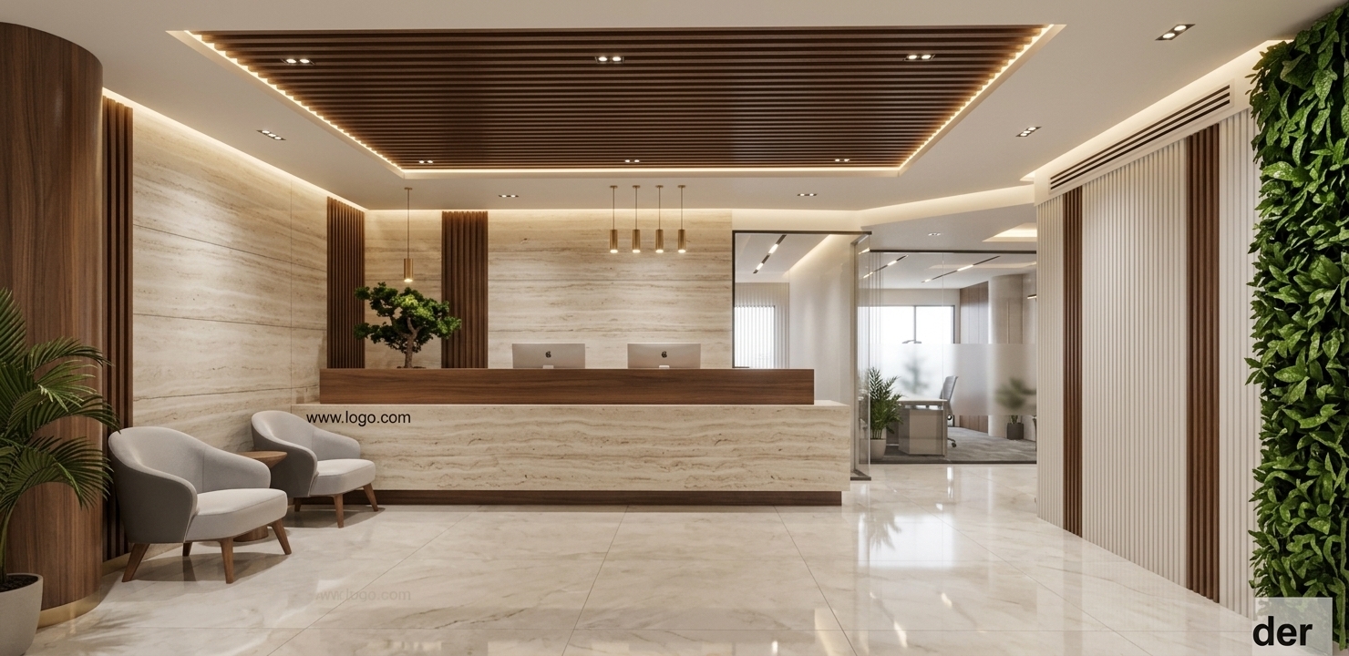 An incredibly lifelike, richly detailed, photorealistic wide-angle interior shot of a luxury office reception area set in a contemporary executive suite. The scene is illuminated by soft concealed cove lights, subtle recessed downlights, and warm brass hanging fixtures, creating a sophisticated, light-filled atmosphere. Captured with a professional 24mm architectural lens, emphasizing the rich contrast between polished stone surfaces and rich walnut wood slats.

The space embodies contemporary elegance and refined design with a clean-lined, balanced layout. A grand reception counter clad in horizontally veined travertine polished stone surfaces and topped with a warm walnut trim anchors the center of the frame. To the left, tailored upholstered furniture in shades of soft gray and pearl provides understated comfort, accompanied by a sculptural potted bonsai tree and curated decor atop the desk. Above, a deep wooden slat ceiling insert is backlit with soft ambient illumination, echoing the slim metal accents and champagne and warm white tones throughout the space. To the right, a vivid floor-to-ceiling living green wall introduces natural vitality, while highly polished marble floor tiles softly reflect the ambient light, seamlessly drawing the eye toward the glass-partitioned office beyond.