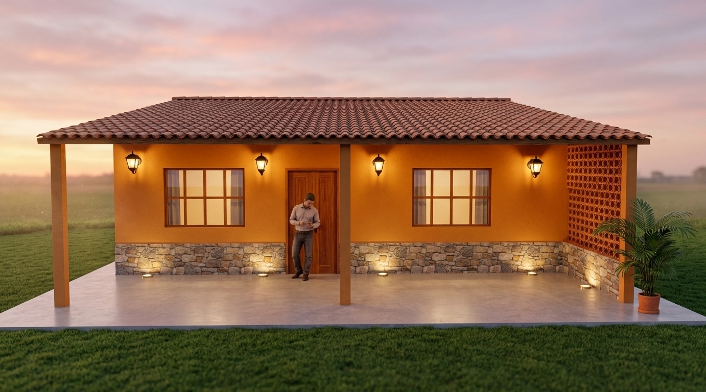 An incredibly lifelike, richly detailed, photorealistic wide-angle exterior architectural photo of a French country charm cottage facade set in a serene rural environment. The scene is illuminated by the golden, radiant glow of a vibrant sunset accompanied by subtle in-floor uplights and warm, traditional wall-mounted lanterns, creating a cozy and deeply inviting atmosphere. Captured with a professional 35mm tilt-shift architectural lens, emphasizing the tactile textures of the rustic terracotta roof tiles, smooth vivid orange stucco walls, and polished exposed concrete porch flooring. 

The single-story cabin features a stone-clad base topped with bright ochre walls, grounded by sleek exposed concrete paving. Classic black iron sconce lamps frame double-paned grid windows that reflect the twilight sky, while a warmly finished wooden double door serves as the main entrance. To the right, an ornate terracotta breeze-block celosía screen wall adds intricate geometric depth and shadow play, complemented by a potted tropical plant resting at the patio edge. The entire structure sits harmoniously against a lush green manicured lawn under the soft, atmospheric glow of dusk.