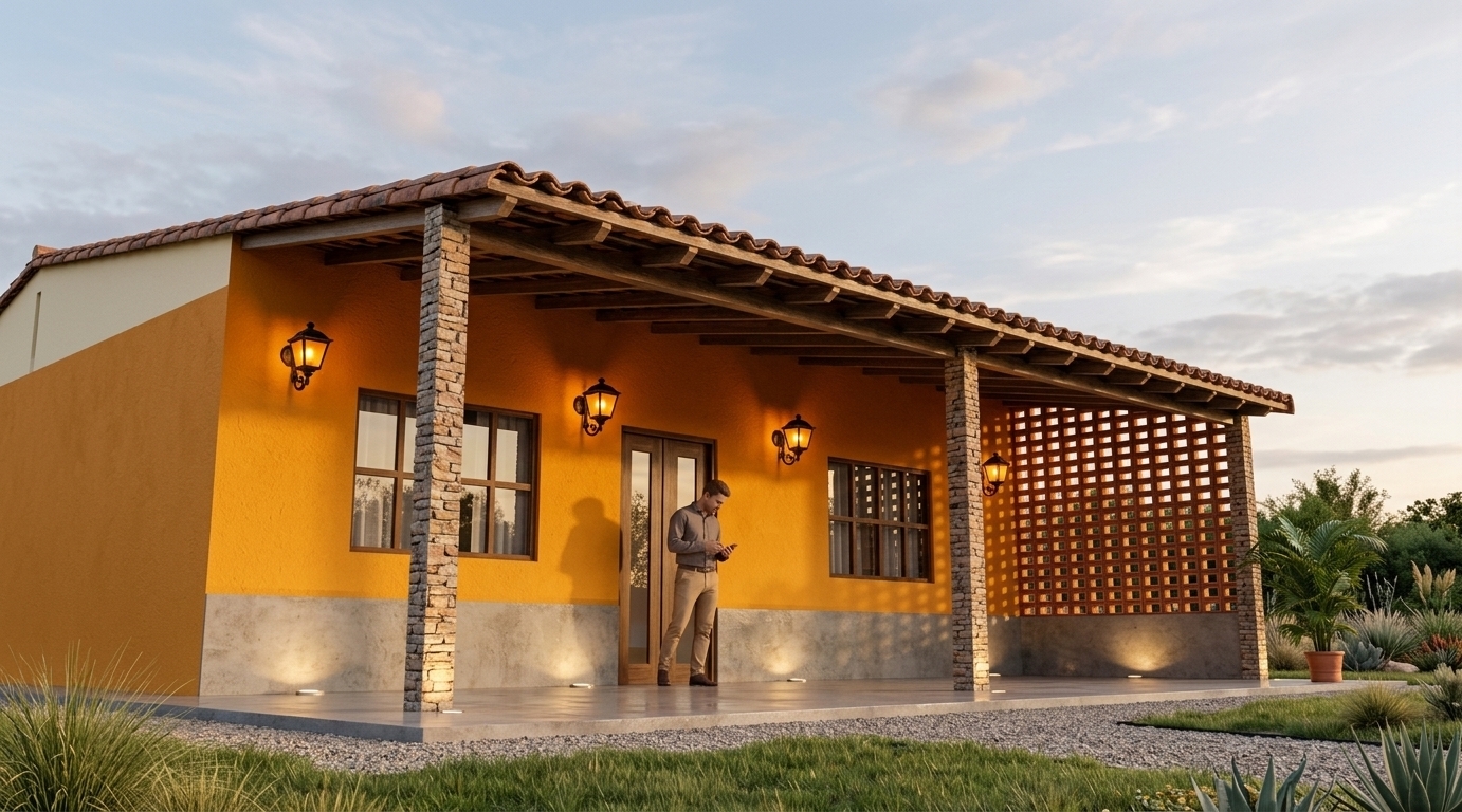 An incredibly lifelike, richly detailed, photorealistic wide-angle architectural photo of a modern cabin exterior set in a tranquil countryside garden. The scene is illuminated by soft golden-hour sunlight complemented by the cozy, amber glow of classic black wall-mounted lanterns and subtle floor-embedded uplights, creating an inviting and serene atmosphere. Captured with a professional 35mm tilt-shift architectural lens, emphasizing the rich tactile contrasts between vibrant orange stucco, textured rustic stone columns, and smooth exposed concrete floors underfoot. 

The charming cabin facade radiates warmth with its striking marigold wall framed by cream gable accents and a classic terracotta tile roof profile. Elegant black wrought-iron carriage faroles add timeless French country charm alongside a decorative terracotta breeze-block celosía screen that casts intricate geometric shadows. Under the deep roof overhang, the sleek exposed concrete patio surface softly catches reflections from flush floor lights, while grid-pane windows capture the gentle hues of the twilight sky, bringing a harmonious balance of rustic warmth and refined architectural detail.