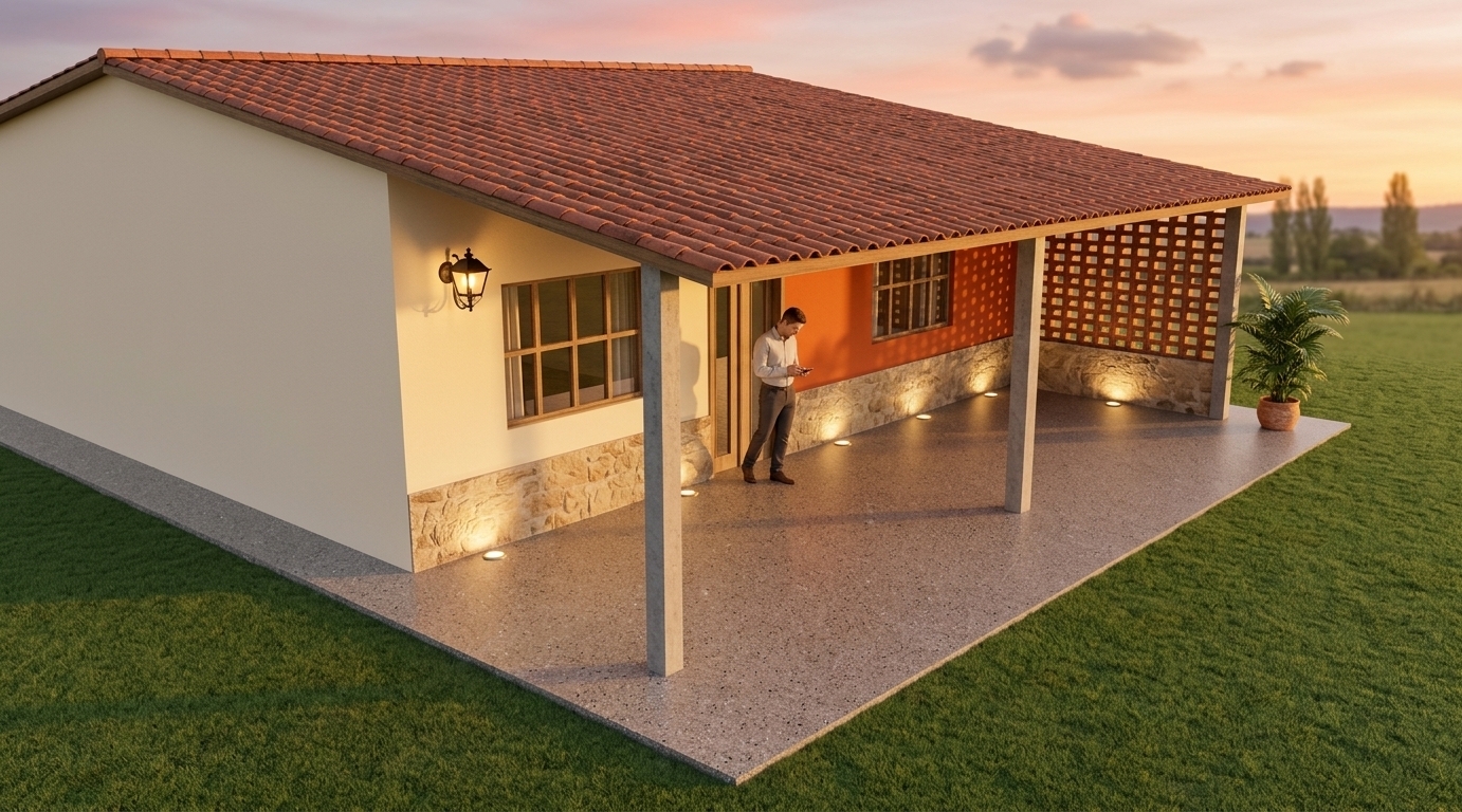 An incredibly lifelike, richly detailed, photorealistic wide-angle exterior photo of a French country charm cottage facade set in a tranquil, manicured lawn environment. The scene is illuminated by the golden rays of a gentle sunset blended with soft warm uplighting from floor-recessed spotlights and an illuminated vintage lantern, creating a cozy and welcoming atmosphere. Captured with a professional 35mm architectural lens, emphasizing the tactile terracotta roof tiles, smooth exposed concrete floors, and intricate lattice details.

The charming single-story cottage features a vibrant burnt-orange focal wall paired with soft cream side rendering, sheltered under a deep overhang clad in classic red terracotta clay roof tiles. Textured stone wainscoting wraps around the base of the structure, while slender concrete pillars support the porch extension over a expansive polished exposed concrete floor. Subtle round in-ground spotlights embedded along the patio edge cast upward glows against the base of the home, complementing a traditional black wrought-iron lantern mounted beside a multi-paned glass window. At the far side of the porch, a decorative brick lattice screen (*celosía*) filters the low sunset light, creating captivating geometric shadow patterns near a lush potted leafy plant, completing this inviting residential retreat.