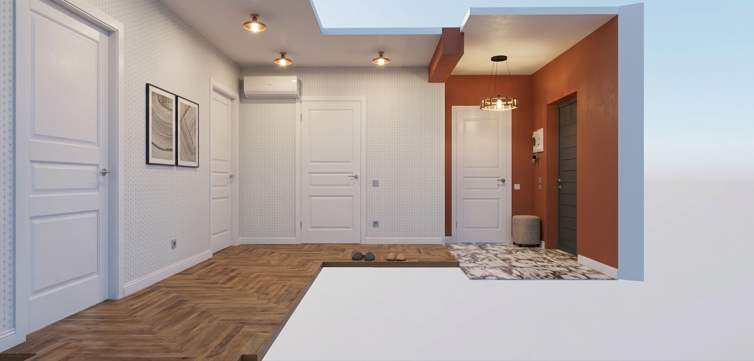 A realistic architectural interior photograph of the hallway, maintaining the exact layout, geometry, camera angle, composition, and original colors and materials of the scene. The artificial lighting is turned on, emitting warm interior light from the ceiling fixtures and chandelier that casts soft ambient glows and gentle, natural shadows throughout the space. The terracotta accent wall and light patterned wallpaper retain their original hues and subtle surface textures. The herringbone wood flooring displays rich grain and a soft satin sheen, while the marble floor section near the entrance reflects the warm overhead lighting with photorealistic polish. White paneled doors feature subtle micro-textures in the paint and realistic metallic reflections on the handles, alongside a matte dark grey door on the right. The image captures authentic photographic details including fine physical textures on the small ottoman, clear glass reflections on the framed artwork, precise air conditioner details, soft realistic depth of field, subtle vignetting, and natural sensor grain, creating an inviting, beautifully shot real photograph.