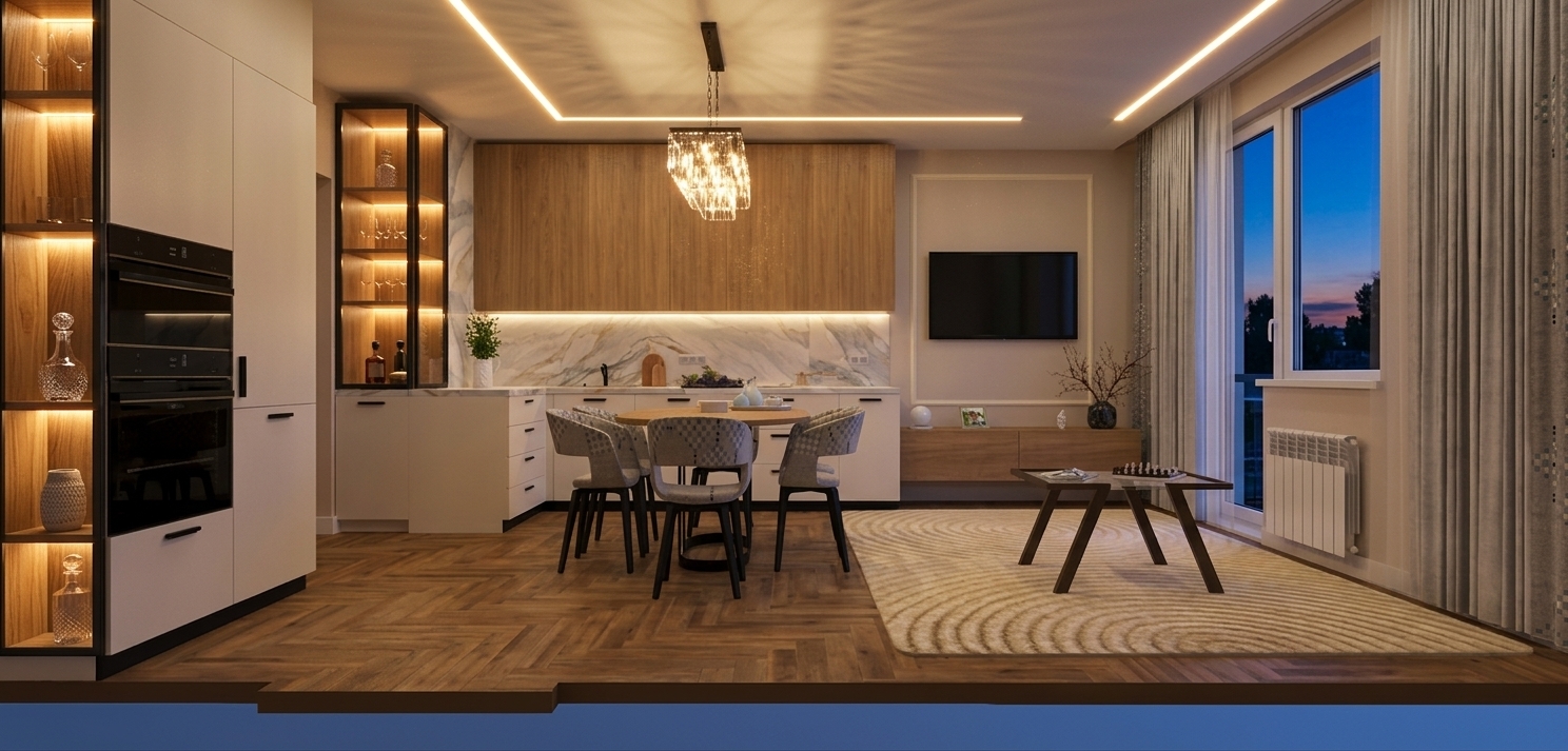 A professional interior photograph of the modern open-plan kitchen and living area, maintaining the exact layout, camera position, furniture geometry, and wide-angle perspective of the original image. Outside the large windows, a tranquil evening twilight sky is visible with soft silhouetted tree tops and faint twinkling stars in the deep blue dusk. Inside, warm artificial lighting creates a cozy, inviting ambiance: soft illumination glows from the linear ceiling lighting, warm light radiates from the main central chandelier, and the tall dark-framed glass display cabinet on the left features built-in warm interior shelf lighting that casts a soft glow over its wood interior. All furniture and wall colors, materials, and textures are preserved with photorealistic fidelity, including the matte texture of the off-white cabinetry, natural wood grain on the herringbone parquet floor and upper cabinets, delicate marble veining on the backsplash, realistic woven fabric on the dining chairs, and thick pile on the beige rug. Real-world photographic qualities are rendered with soft lens bloom around light sources, subtle reflections on glass and polished surfaces, natural light falloff, subtle grain, and a balanced dynamic range between the illuminated interior and the dark evening outside.