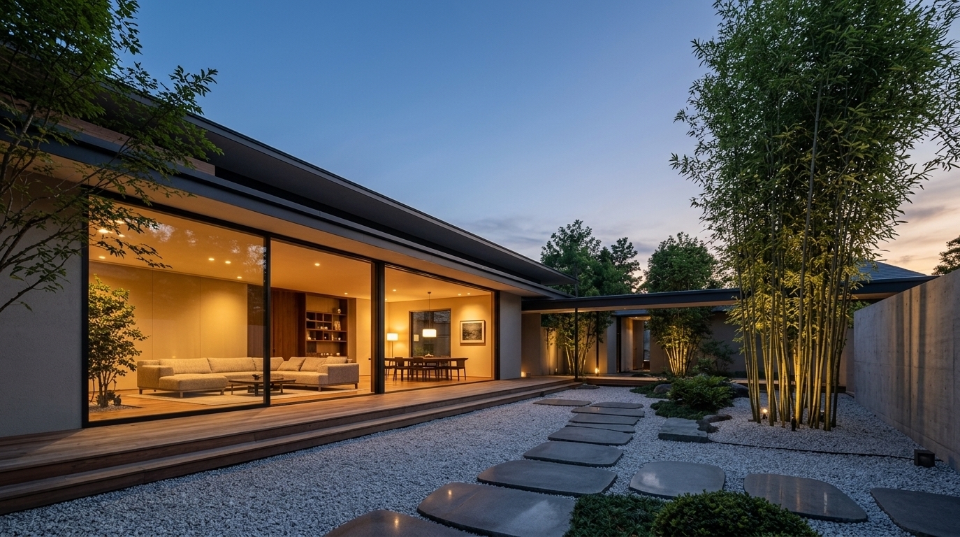 An incredibly lifelike, richly detailed, photorealistic wide-angle exterior architectural shot of a modern Japanese Zen residence set in a serene spring outdoor garden. The scene is illuminated by warm, honey-hued interior light and gentle landscape uplighting that casts a golden glow against the cool blue twilight sky, creating a deeply tranquil, balanced, and wabi-sabi atmosphere. Captured with a professional 24mm tilt-shift lens, emphasizing the rich contrast between floor-to-ceiling glass, raked gravel, polished stone stepping stones, and tall, slender bamboo stalks. Through the expansive glass walls, the clutter-free, minimalist interior showcases low wooden furniture, subtle Japanese calligraphy wall art, and indoor plants arranged in a refined palette of earthy neutrals, dark charcoal accents, and natural greens, embodying a calm and timeless aesthetic.