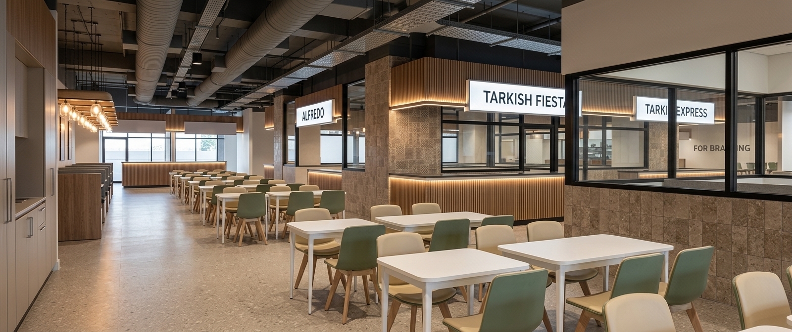A professional eye-level interior photograph of a modern food court hall, faithfully preserving the exact spatial layout, camera angle, and composition of the scene. Overhead, the open-plenum dark ceiling is exposed, showing matte silver industrial air ducting, conduit pipes, and suspended dark cabling running across the upper void. Below, the floor is finished in a seamless, light beige-toned terrazzo vinyl texture with subtle speckled stone flecks and a soft satin sheen that gently reflects ambient light. Down the main aisle, dining tables with smooth white tops and matte metal legs are paired with sage green and cream-beige chairs featuring light oak wood legs. On the right, the food counter stalls display fluted warm wood panelling, textured beige tile wall sections, clean black-framed glass windows, and brightly lit lightbox signage reading ALFREDO and TARKISH FIESTA. Warm interior lighting radiates from inside the service areas and linear fixtures, casting soft, realistic diffuse shadows on the floor and highlighting the subtle micro-textures of the wood, vinyl, and glass surfaces in a crisp architectural photo style.
