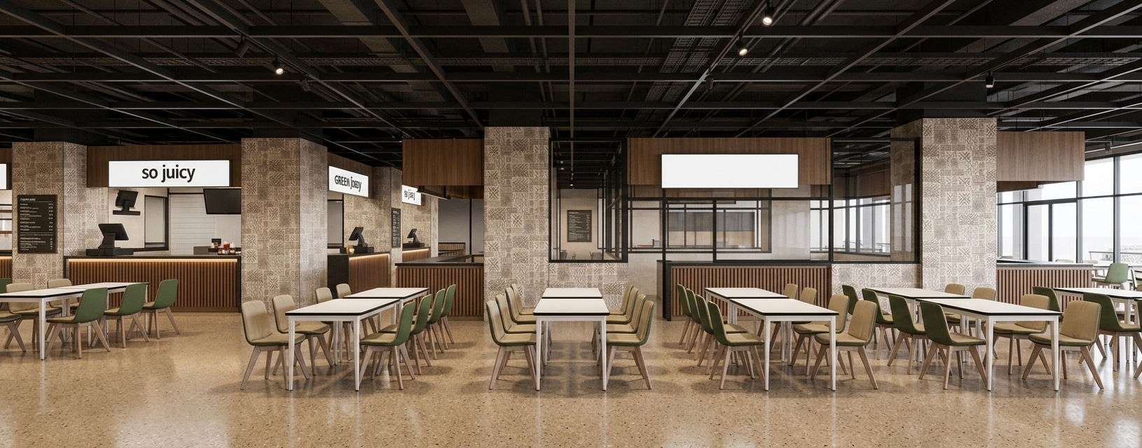 A wide-angle interior architectural photograph of the food court dining area, precisely maintaining the exact geometry, camera angle, furniture placement, and spatial layout of the original frame. Overhead, the ceiling opens up into an exposed industrial aesthetic featuring detailed dark ductwork, conduit pipes, and structural elements suspended in soft ambient shadows. The floor is refinished in a smooth, warm beige-toned seamless vinyl with a detailed terrazzo pattern, showing a gentle satin sheen with soft reflections of interior lighting. Rows of tables with matte green and beige upholstered chairs stretch into the scene, illuminated by realistic warm recessed spotlights that cast soft, realistic drop shadows. The structural columns retain their geometric patterned tile finish with tactile surface depth, alongside slatted warm wood counters and matte black window framing filled with realistic, clear glass panels showing delicate reflections. Captured with a full-frame architectural camera lens, featuring crisp details, subtle optical vignetting, natural ambient light falloff, and photographic film grain for authentic depth and realism.
