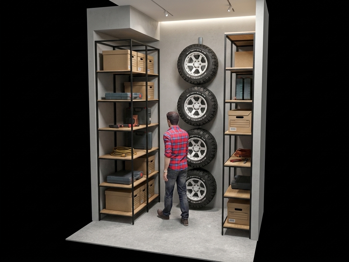 A high-detail photograph of a clean, modern storage alcove, precisely maintaining the exact geometry, layout, camera angle, perspective, and composition of the original scene. The space features matte black powder-coated steel shelving units on both sides fitted with light natural birch plywood shelves, neatly populated with organized cardboard storage boxes, plastic tool cases, and loose hand tools resting on the wood surfaces. Centered on the back white drywall wall, four heavy-duty off-road tires with deep rubber tread textures and white multi-spoke alloy rims are vertically mounted on a slim black metal rail. Standing in the center looking ahead is a man seen from behind, dressed in a red and blue plaid flannel shirt showing authentic fabric weave and creased dark denim jeans with brown leather shoes. The lighting is cool, realistic neutral LED overhead illumination casting gentle, realistic ambient shadows underneath the shelves, tires, and around the man's feet onto the light gray smooth concrete floor. Captured through a 35mm lens at f/5.6, the photograph highlights natural material physics including micro-textures on the tire rubber, subtle metallic sheen on the black frame edges, natural wood grain details, soft fabric folds, and faint photographic vignetting for a crisp, true-to-life shot.