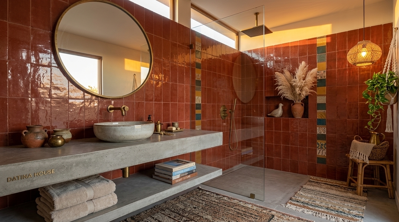 An incredibly lifelike, richly detailed, photorealistic wide-angle interior photo of a bohemian oasis bathroom set in a tranquil coastal sanctuary. The scene is illuminated by the warm, golden glow of a low setting sun filtering through high windows and soft ambient recessed lights, creating a serene, free-spirited atmosphere. Captured with a 35mm lens, emphasizing the glossy, hand-chiseled texture of rust-red zellige tiles, raw concrete, and intricate woven fibers. A sleek floating concrete vanity anchors the space with a handcrafted ceramic vessel sink and aged brass fixtures, accented by a neat stack of art photography books on its lower shelf. Rich shades of mustard yellow, deep teal, and earthy neutrals come alive through a woven bohemian tapestry wall art hanging nearby, alongside macramé plant holders suspending lush green foliage and a clay urn overflowing with fluffy pampas grass. Intricately patterned vintage rugs are layered over smooth, cement-look tile floors, harmonizing with a vintage rattan stool and hand-collected brass trinkets to create a deeply textured, globally-inspired retreat.